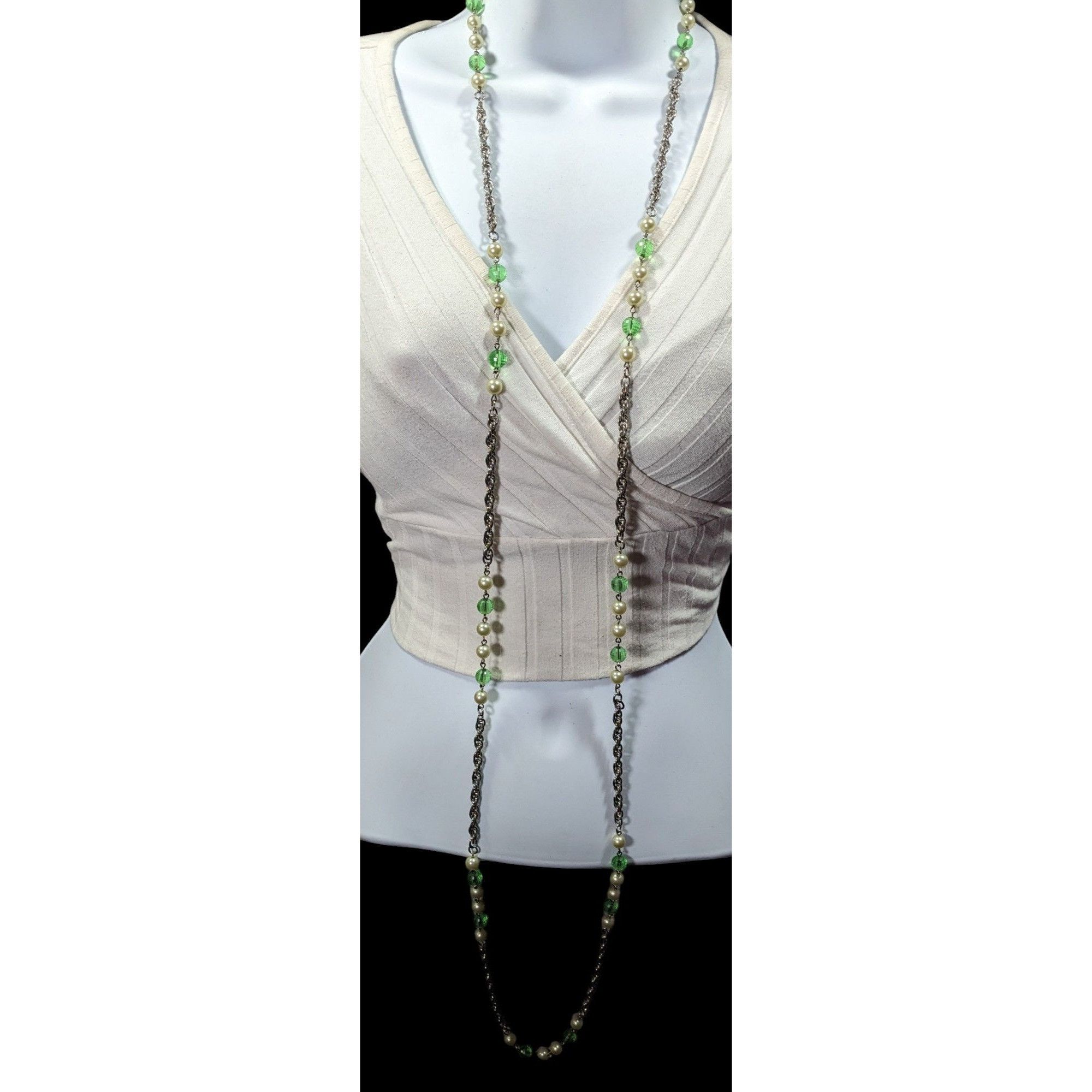 Other Whimsical Faux Pearl And Green Beaded Silver Tone Chain Stat Size ONE SIZE - 2 Thumbnail