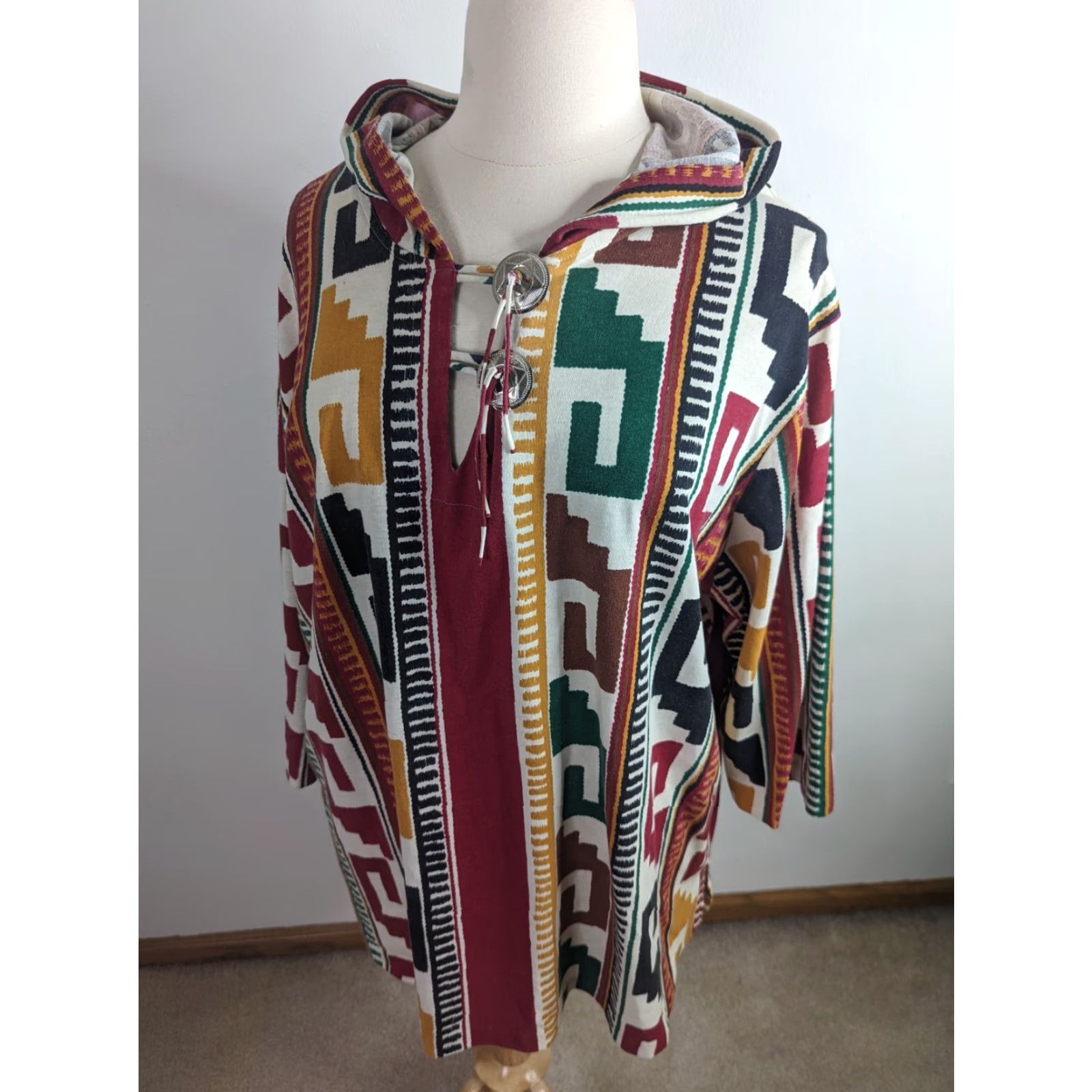 Etro VINTAGE 90s Tribal Southwestern Cotton Pullover Hooded Aztec Shirt Womens 3XL Retro Size XXL / US 16-18 / IT 52-54 - 3 Thumbnail