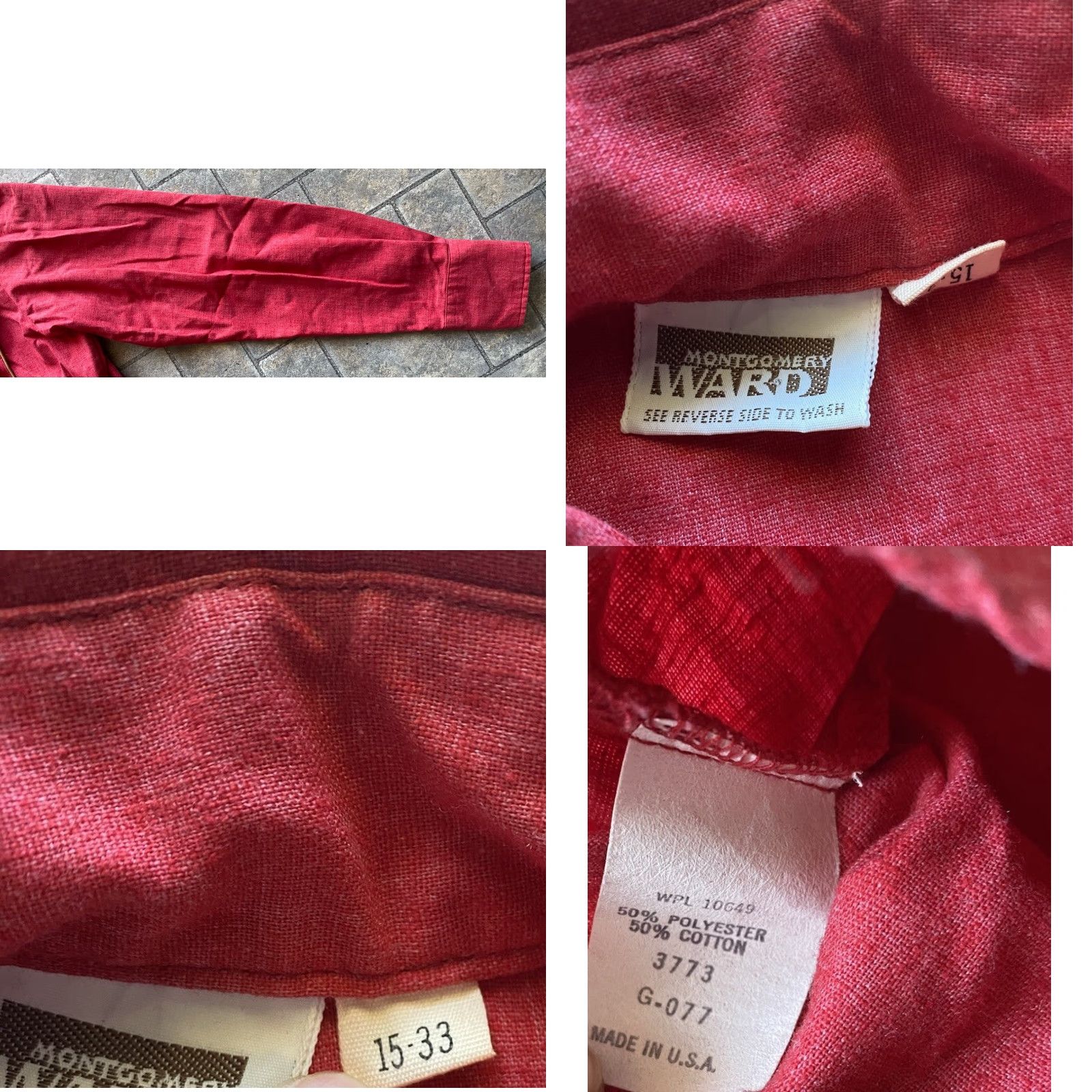 VINTAGE Montgomery Ward Dress Shirt Men 15-33 Red Wood Buttons USA Southwestern Western Mens 15-33 Red Wood Buttons Dress Shirt Made in USA