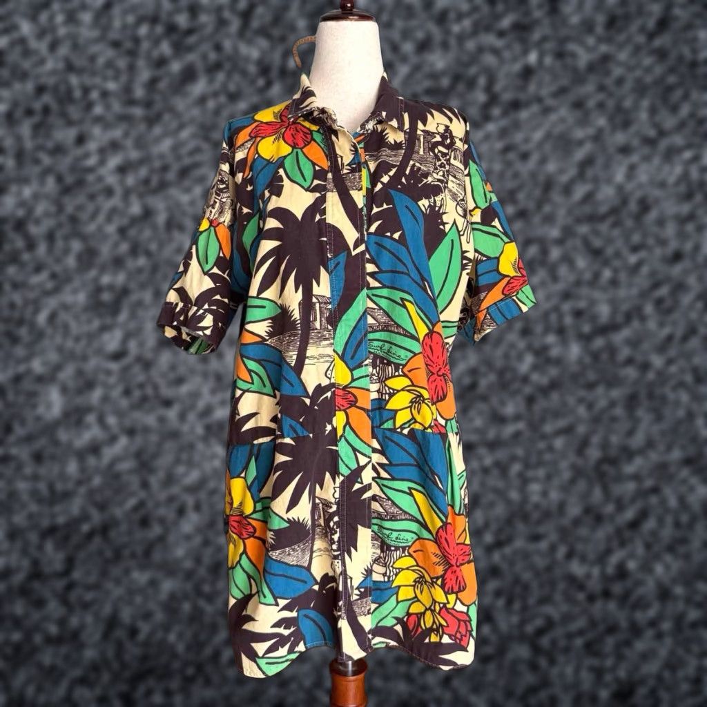 VINTAGE Jams World Surf Line International Shirt Dress M Cotton Bohemian  Pockets 1980s Womens