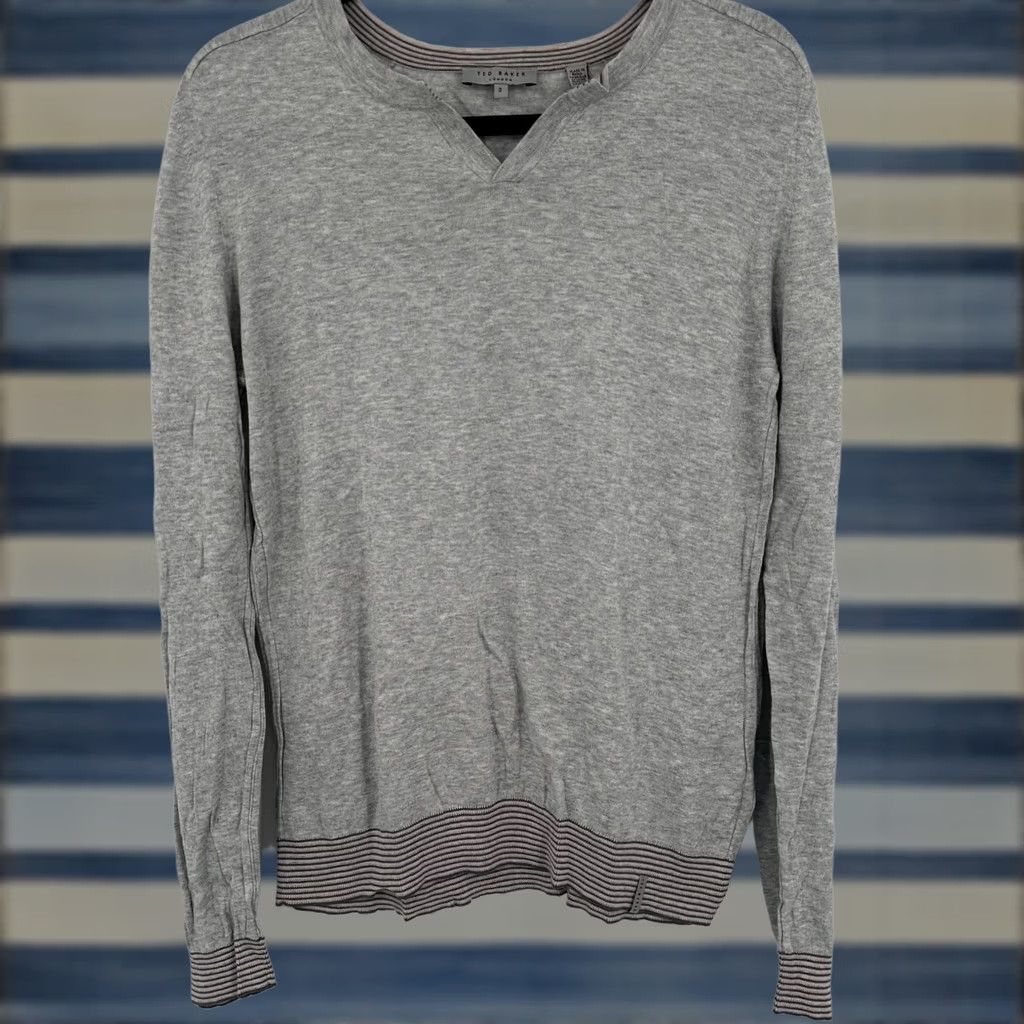 Ted Baker Ted Baker London Womens Grey Cotton Notched Neck Striped Trim Sweater Size 3 Size L / US 10 / IT 46 - 1 Thumbnail