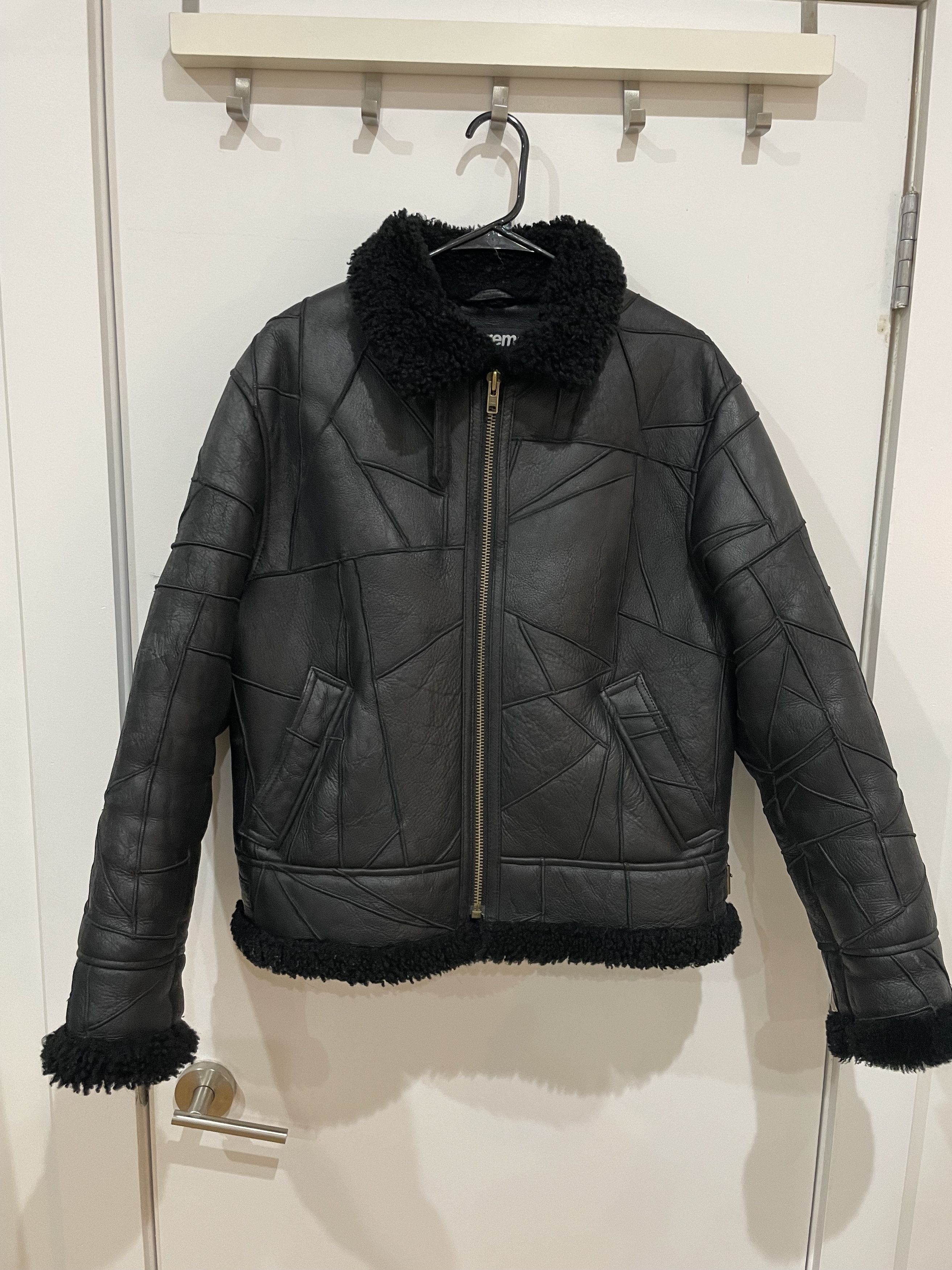 image of Schott x Supreme Patchwork Shearling B-3 Jacket in Black, Men's (Size Medium)