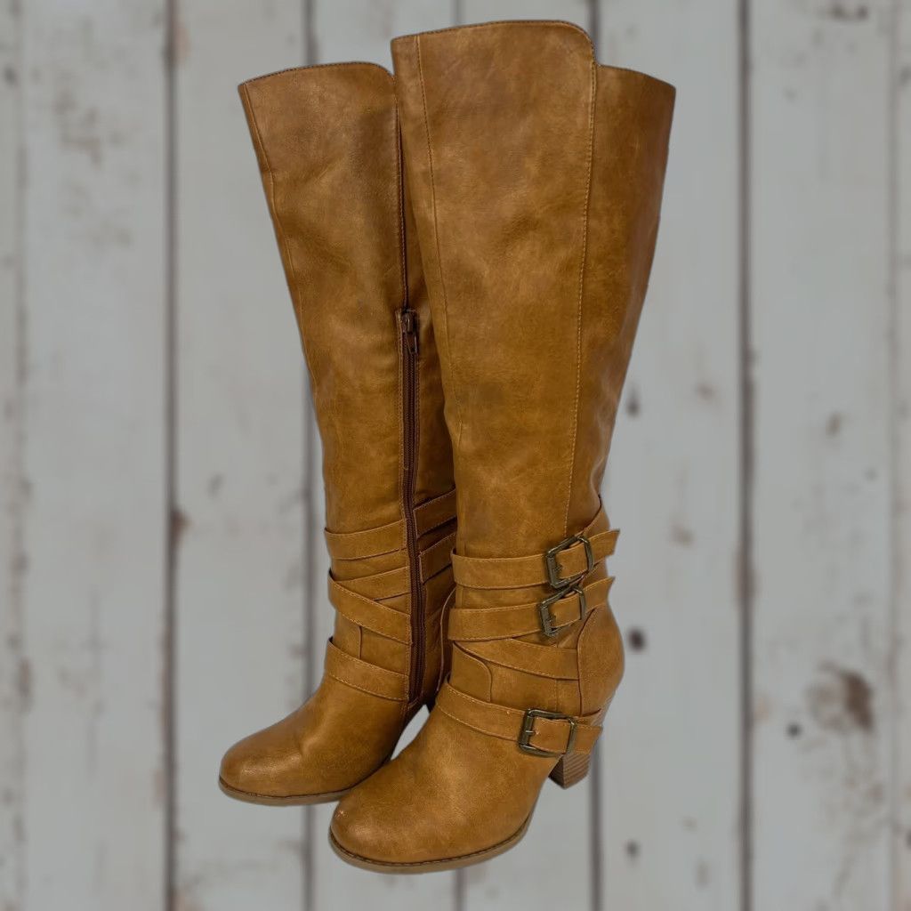 Vintage Maurices Sarah Brown Faux Leather Knee High Boots WomenS Size 7M High Heel Shoes Buckle Western, Women's