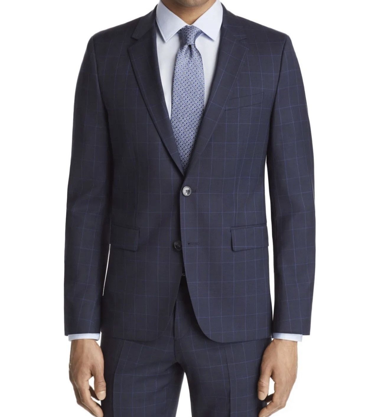 Hugo Slim Fit Tonal Plaid Windowpane Suit Jacket Size 40L