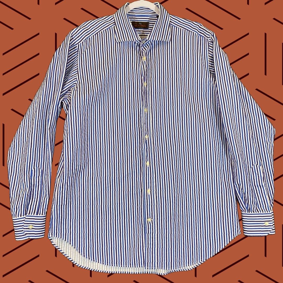 Etro VINTAGE ETRO Milano Shirt Mens 43 Blue Striped Cotton Button-Up Casual Dress L/S Italy Size US XL / EU 56 / 4 - 1 Thumbnail