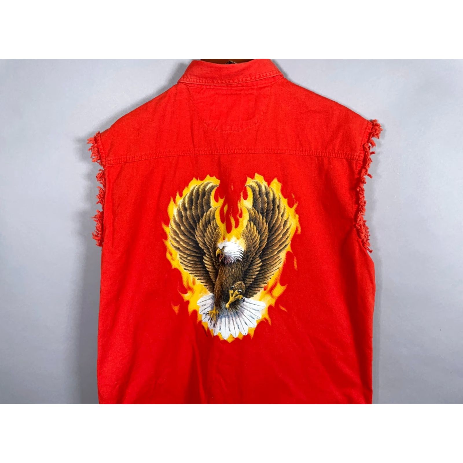 Vintage Twin Motorcycle Apparel Sleeveless Button-Up Shirt Adult Large Orange Flaming Eagle Biker Mens Size US L / EU 52-54 / 3 - 4 Thumbnail