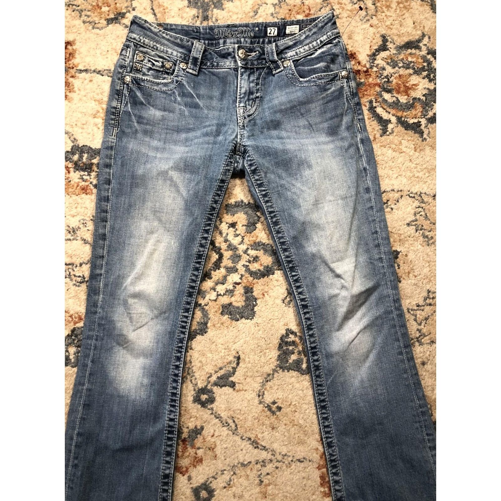 Miss Me Miss Me Jeans Womens 27 Blue Signature Bootcut Denim Back Pockets Embellished Rhinestone Studded Distressed Pockets Light Wash Leather? Size 27" / US 4 / IT 40 - 3 Thumbnail