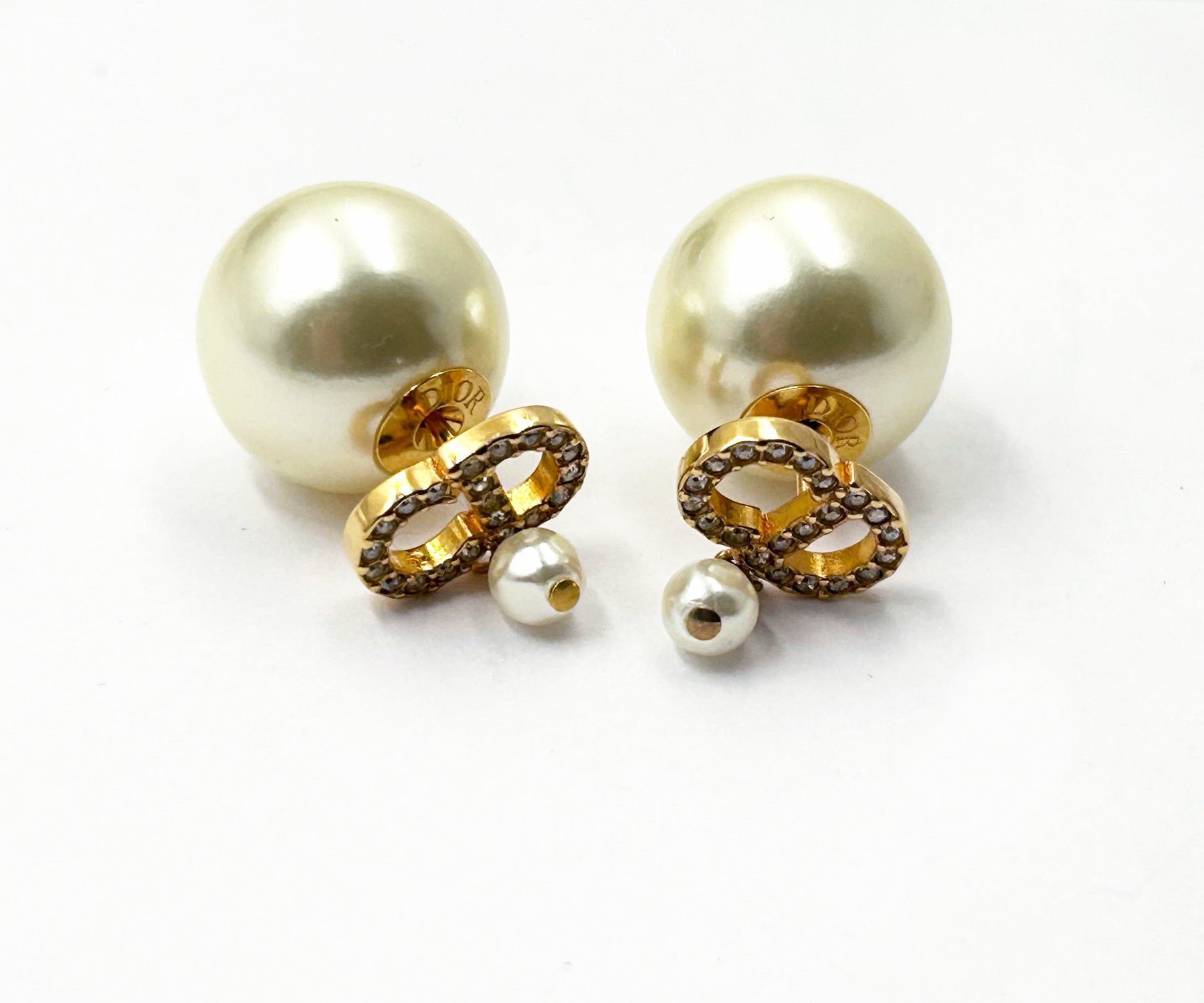 Dior Tribales Gold CC Crystal Pearl Piercing Earrings