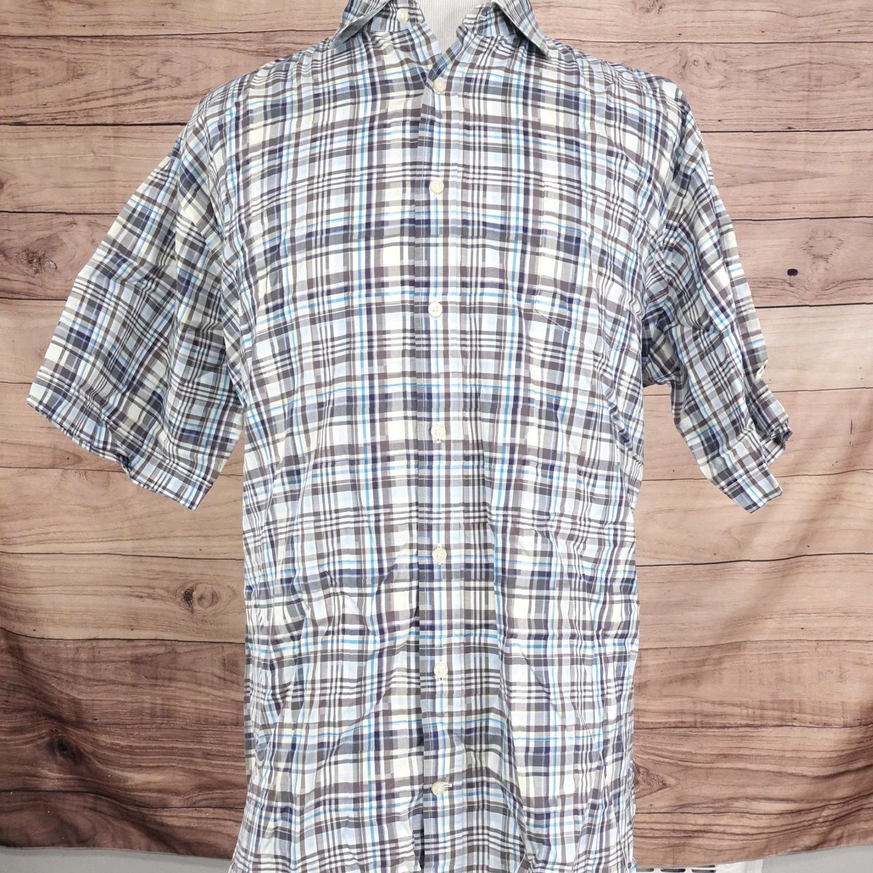 Vintage Thomas Dean Shirt Mens 2XL Gray Blue Plaid Short Sleeve Button Up Pima Cotton Embroidered Size US XXL / EU 58 / 5 - 3 Thumbnail