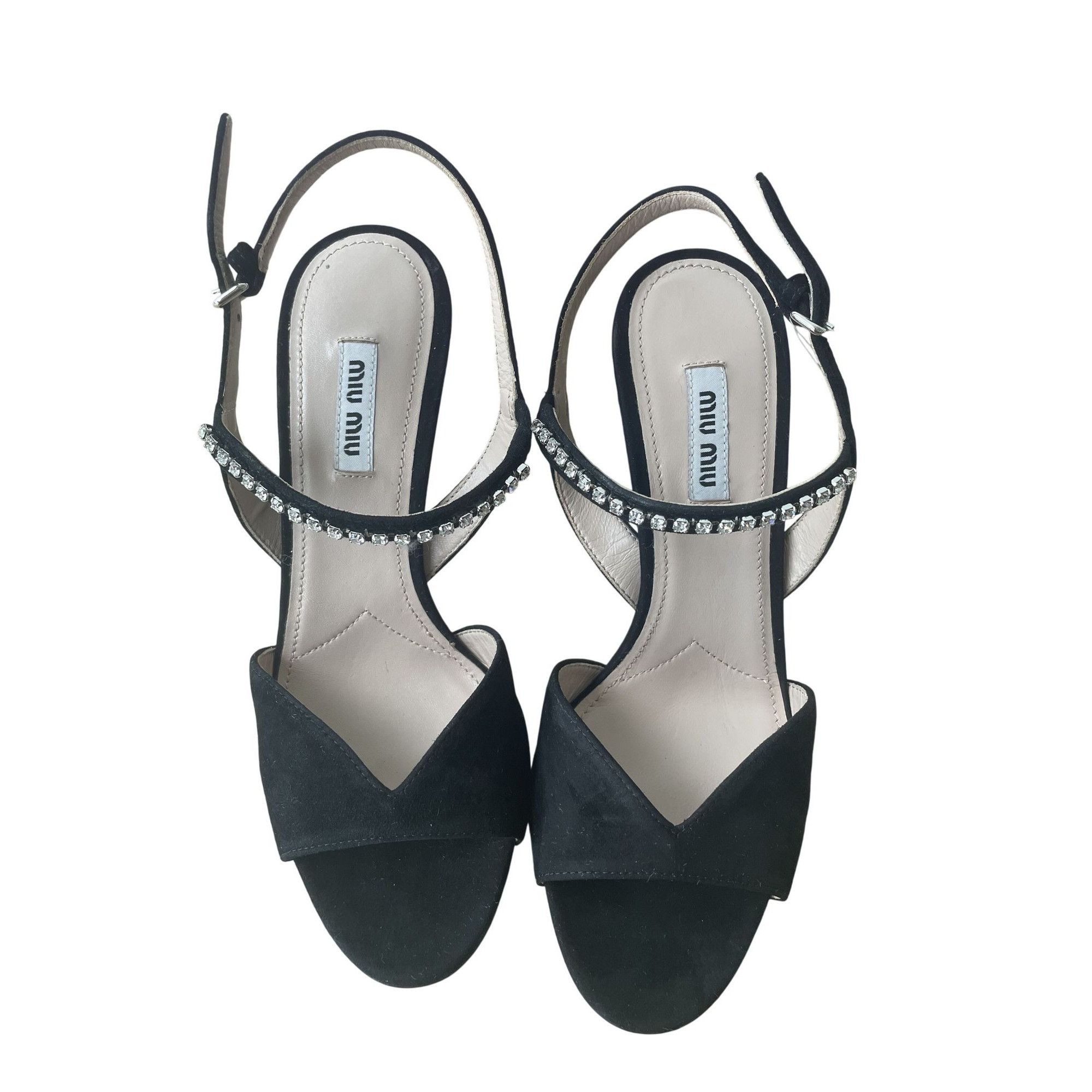 Miu Miu Miu Miu Black Suede Heels With Rhinestone Detail & Crystal S Size US 7 / IT 37 - 1 Thumbnail