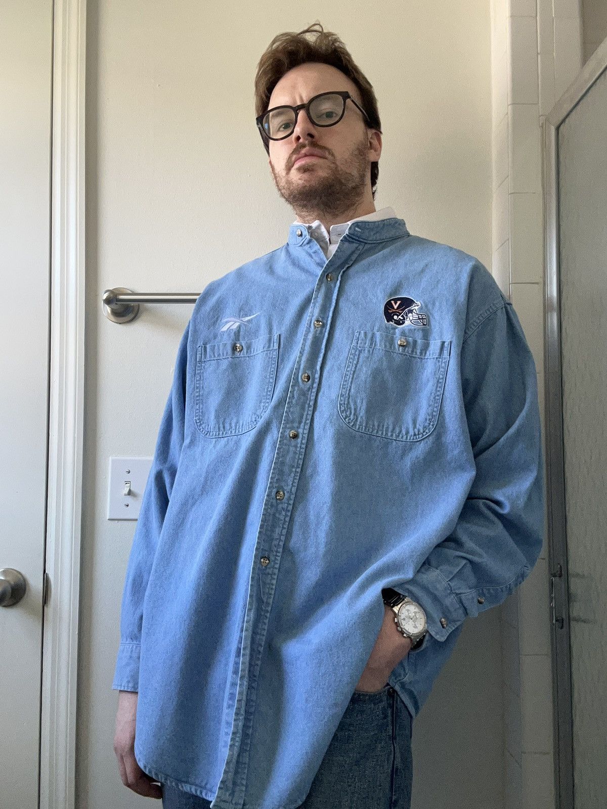 Reebok 90s UNiVERSiTY of ViRGiNiA CAVALiERS FOOTBALL DENiM MANDARiN Size US XXL / EU 58 / 5 - 16 Thumbnail