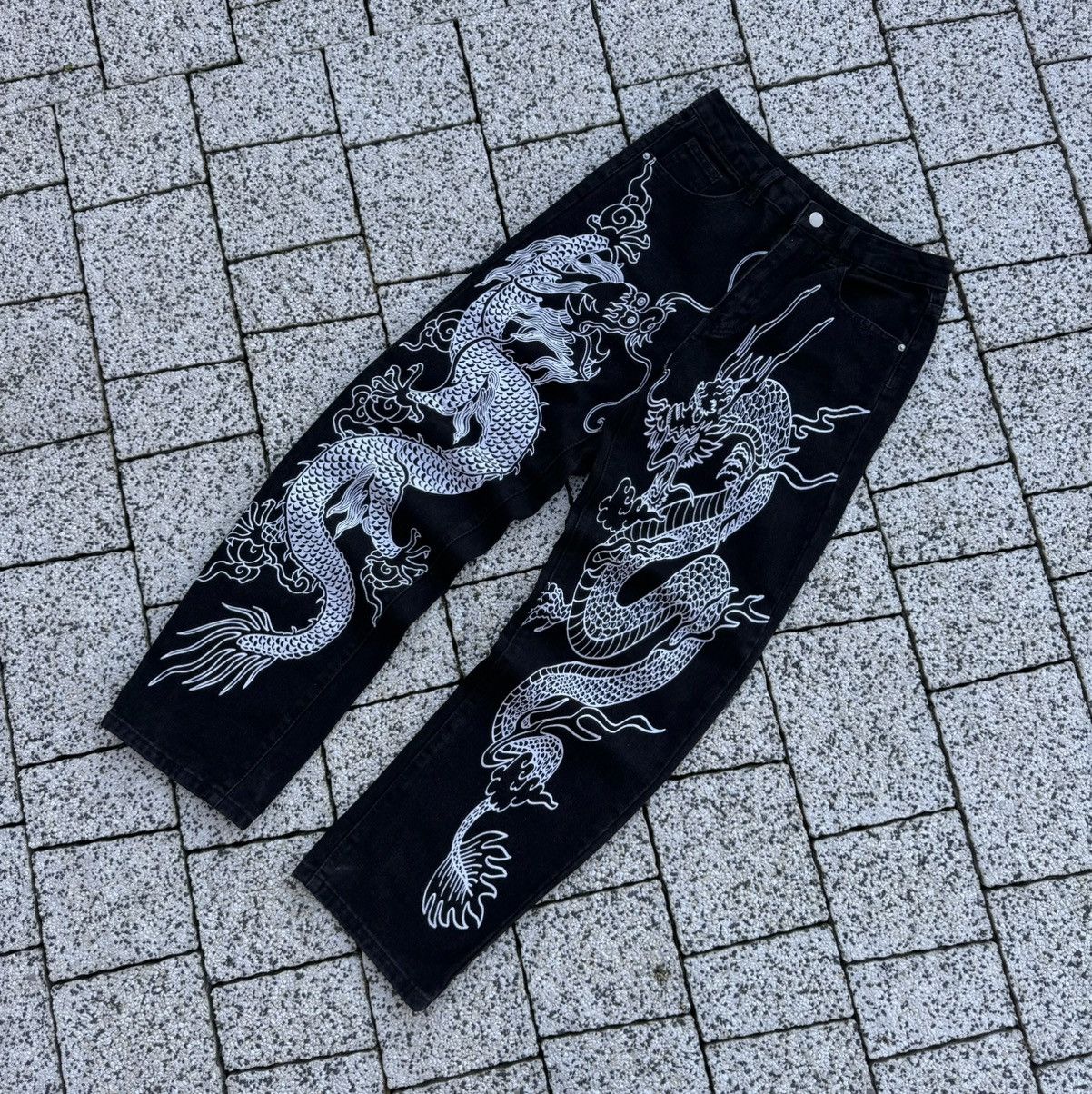 Pre-owned Avant Garde X Vintage Vintage Dragon Printed Denim Y2k Jeans In Black