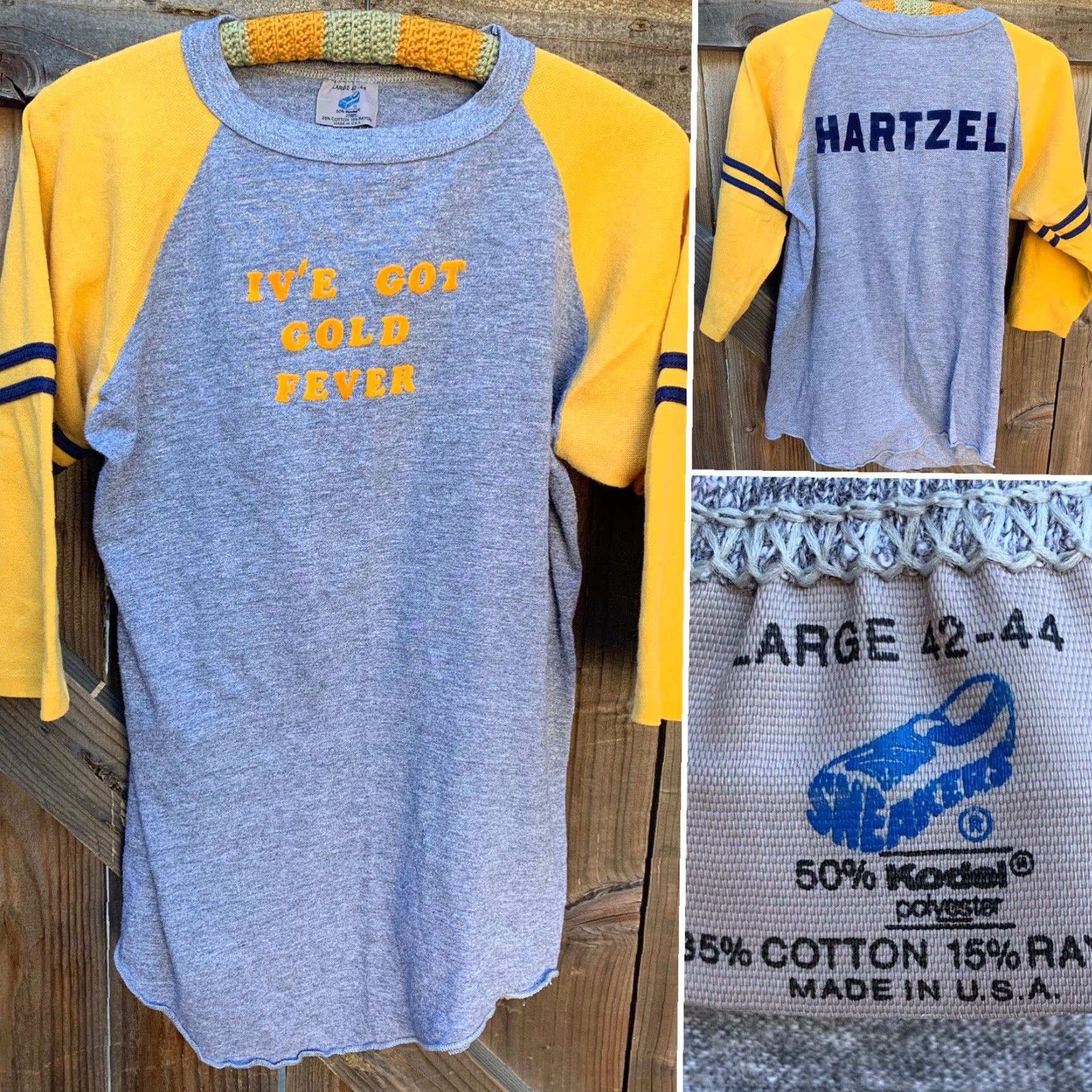 Vintage VINTAGE Ive Got Gold Fever Hartzel Raglan Tee Iron On Lettering T Shirt 80s Sz L Size US L / EU 52-54 / 3 - 5 Thumbnail