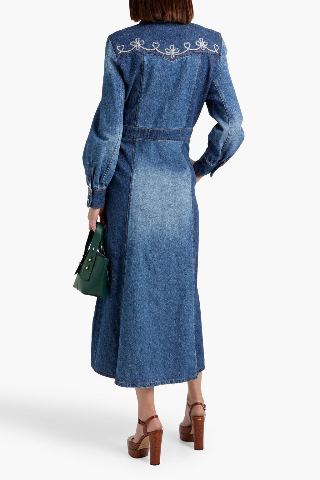 Chloe oc11z0525 Embroidered Two-Tone Denim Midi Shirt Dress Blue Size M / US 6-8 / IT 42-44 - 2 Thumbnail