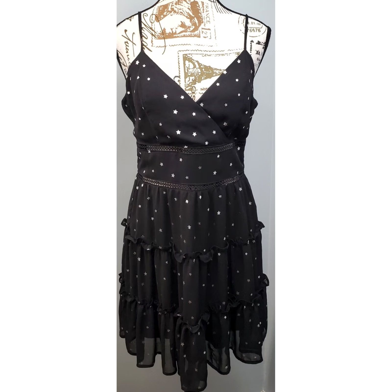 Vintage Trixxi Women’s Dress L Black & Gray Fit & Flare Sleeveless Midi Tiered Ruffle Party Back Zip V-Neck Star Print Size L Size L / US 10 / IT 46 - 2 Thumbnail