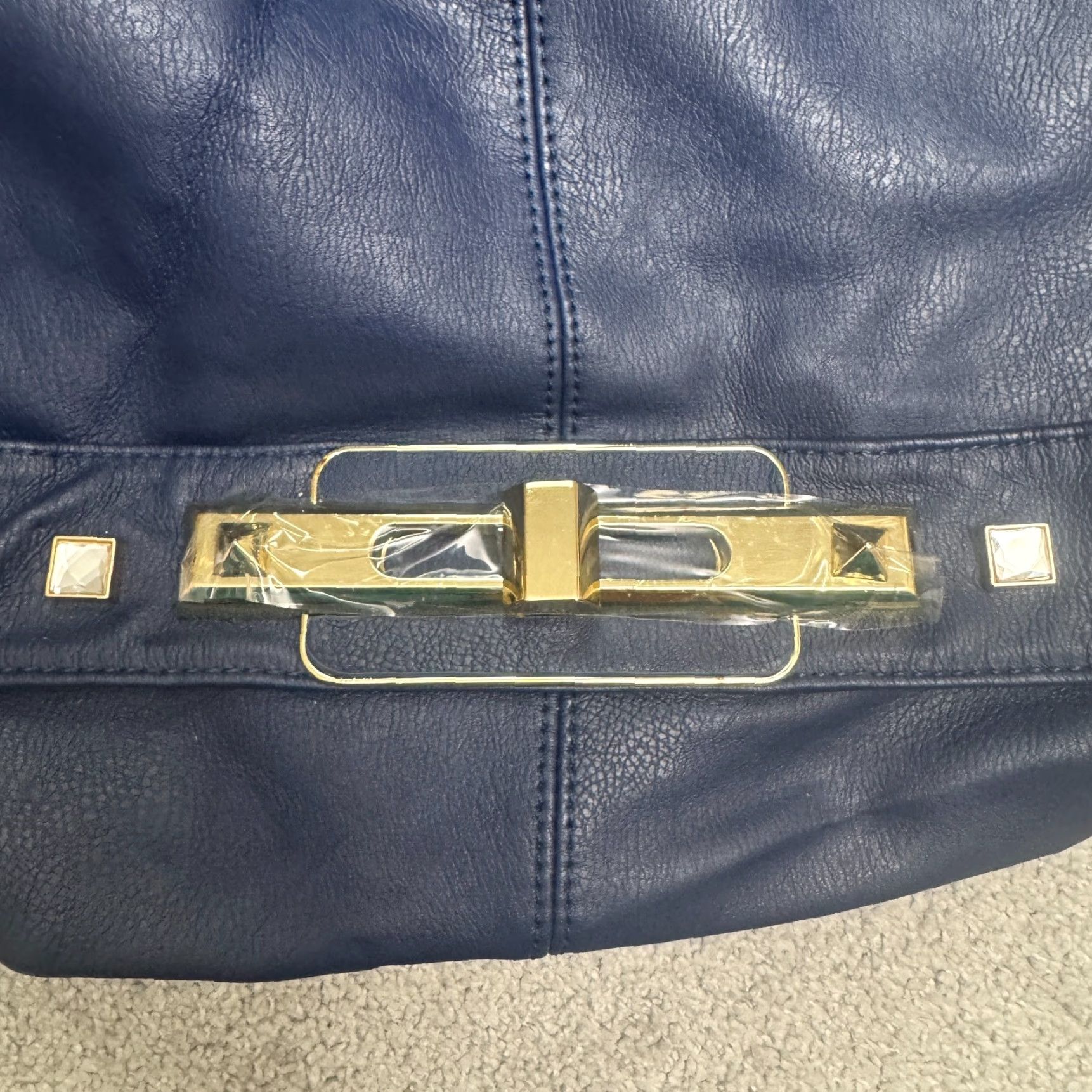 Vintage Imoshion Hobo Bag Women Navy Blue Gold Studded Faux Leather Turn Lock Medium Size ONE SIZE - 5 Thumbnail