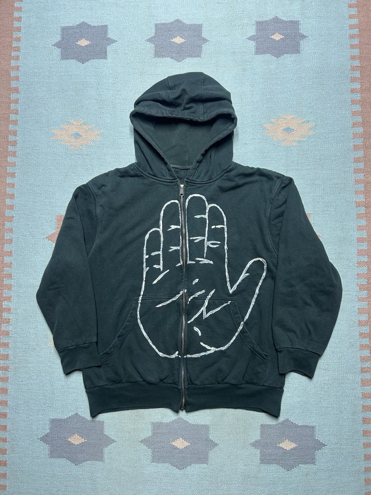 Vintage y2k waffle knit thermal lined hoodie zip hand painted large Size US L / EU 52-54 / 3 - 1 Thumbnail