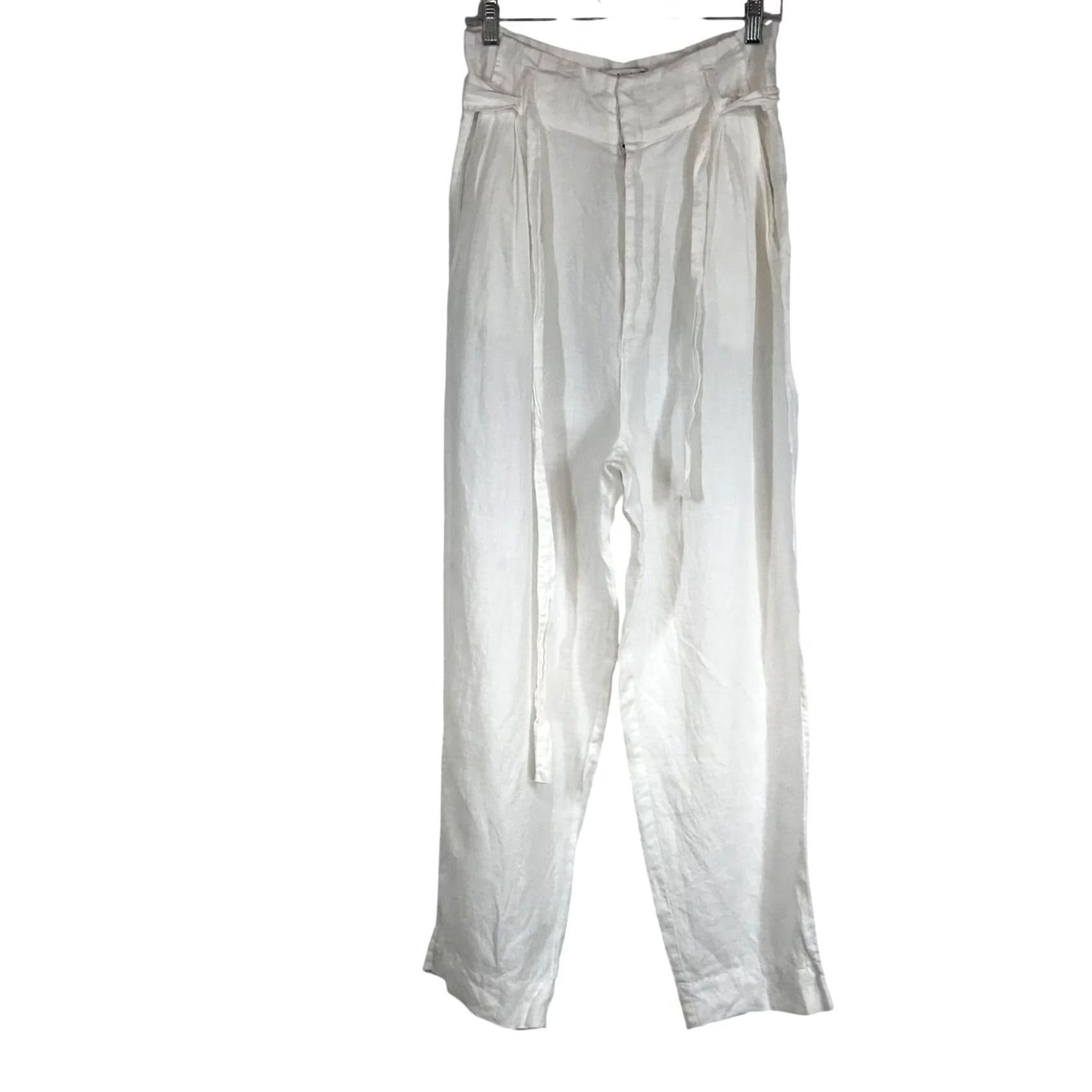 Joie JOIE White 100% Linen High Waisted Pleated Tie Belt Pants Size 10 Size 32" / US 10 / IT 46 - 2 Thumbnail