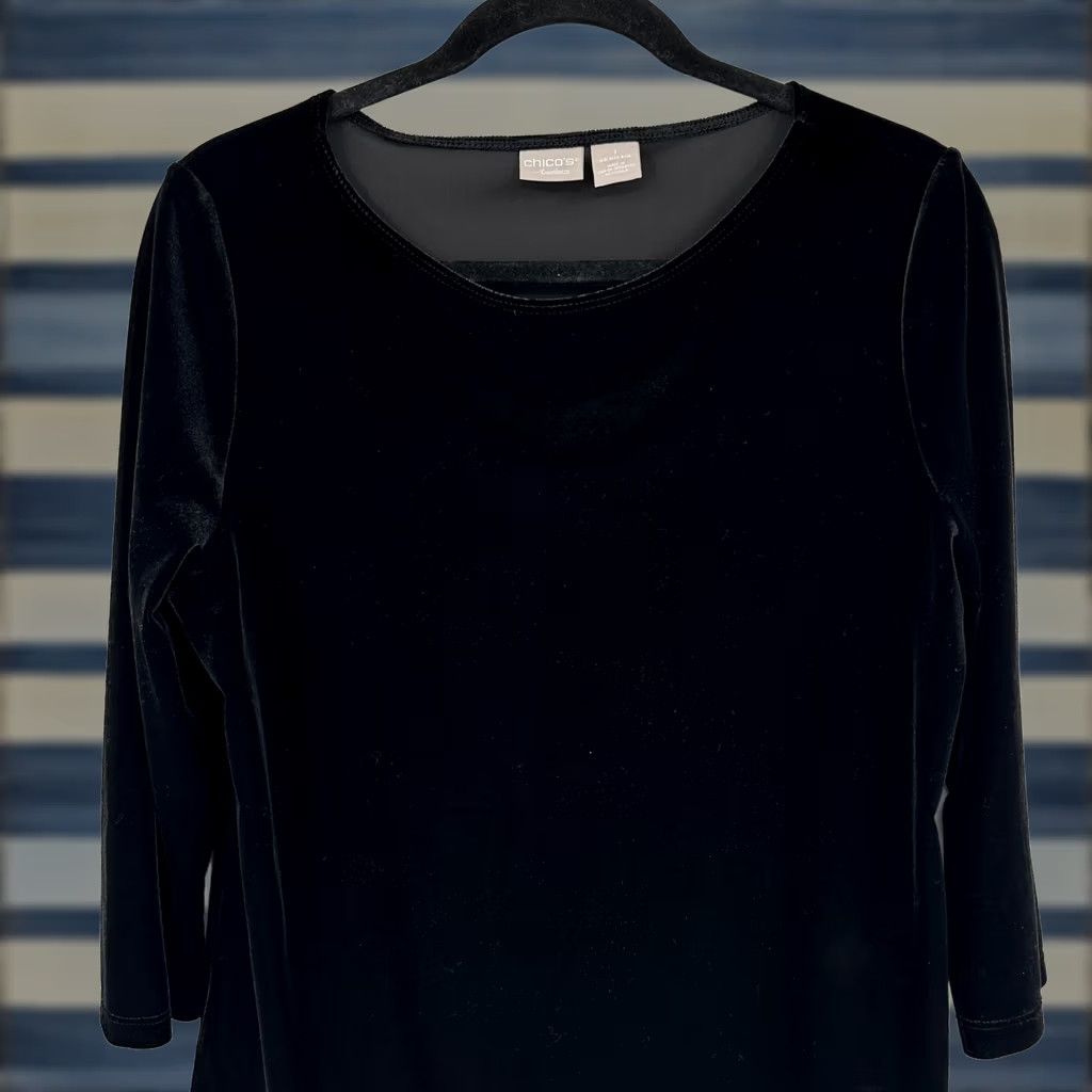 Vintage Chicos Travelers Black Velvet Tunic Top Sequin Hem 3/4 Sleeves Scoop Neck Party Holiday Travel Womens M Size M / US 6-8 / IT 42-44 - 1 Thumbnail