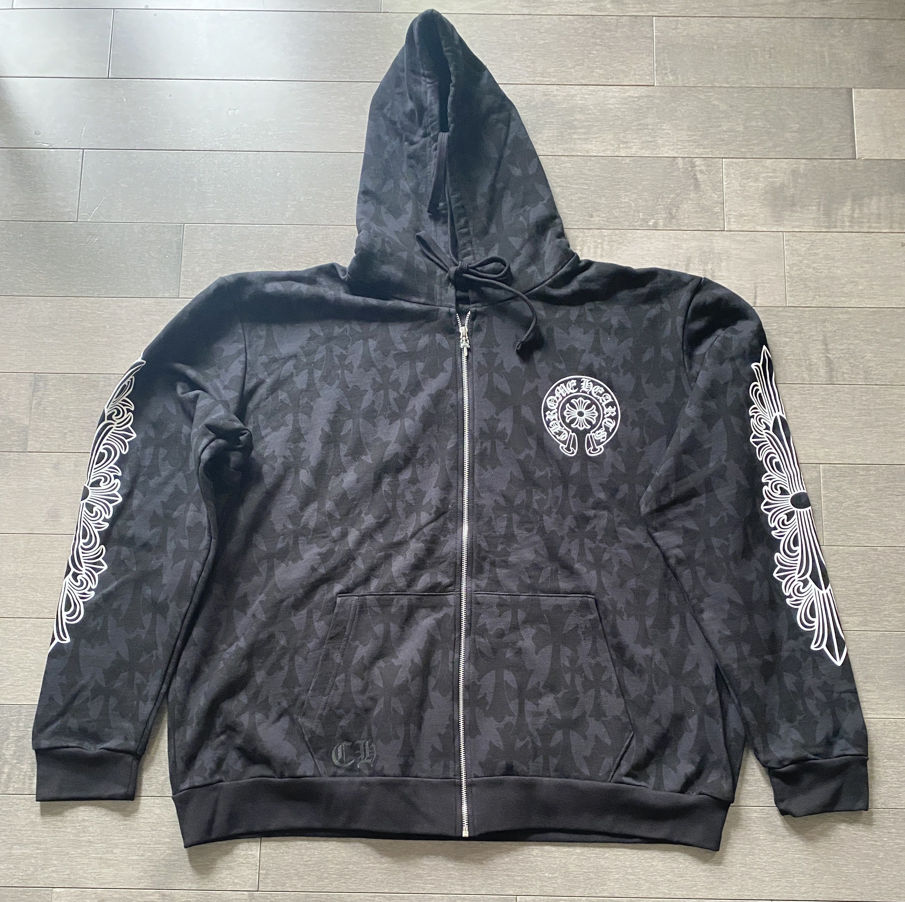 image of Chrome Hearts Cemetery Cross All Over Print Zip-Up Hoodie in Black, Men's (Size 2XL)