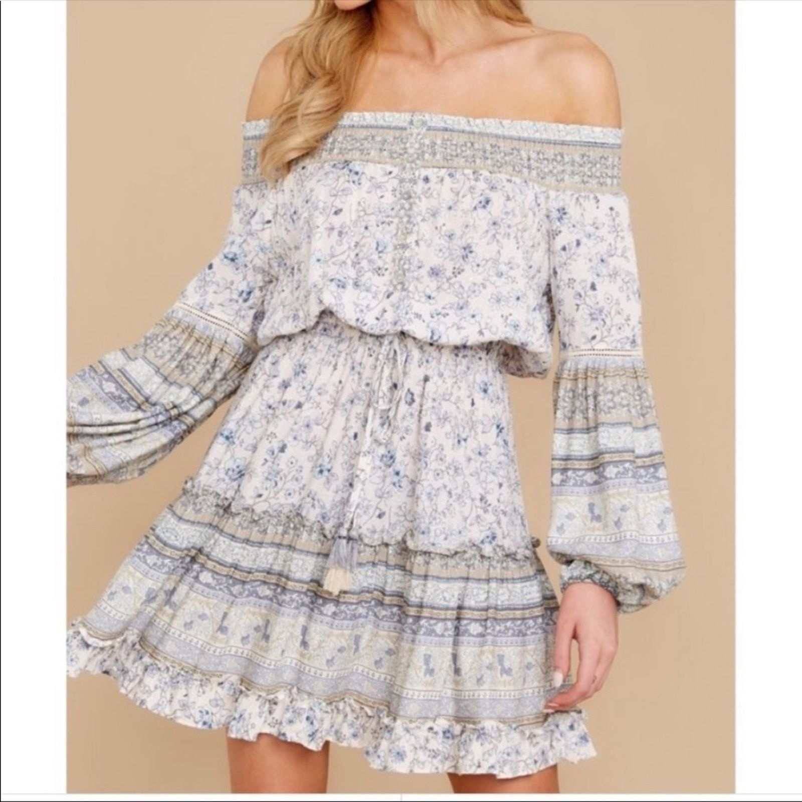 Anthropologie LOVESTITCH Blue White Floral Striped Boho Peasant Mini Dress Size S / US 4 / IT 40 - 9 Thumbnail