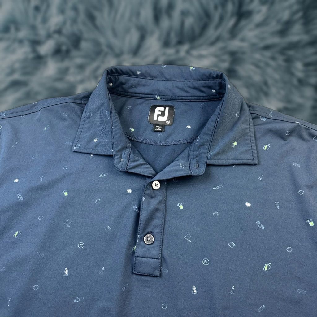 Footjoy FootJoy Polo Shirt Mens XL Blue Performance Golf All Over Print Geometric Pattern Short Sleeve Collared Button Logo Regular Fit Sport Size US XL / EU 56 / 4 - 1 Thumbnail