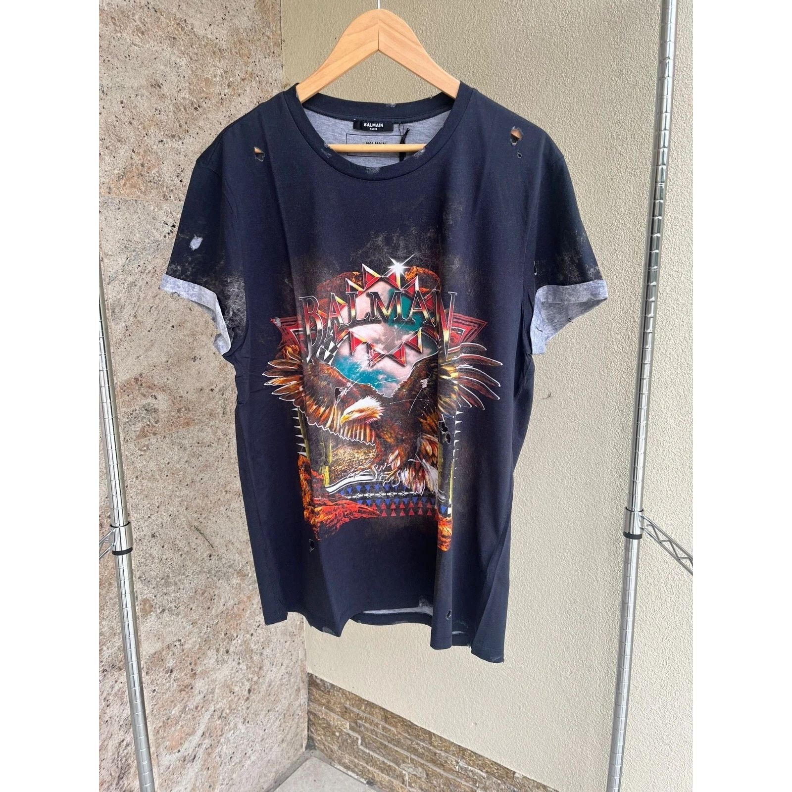 Balmain o1rshd1 Eagle & Balmain Logo Print Distressed T-Shirt Size US XXS / EU 40 - 1 Thumbnail