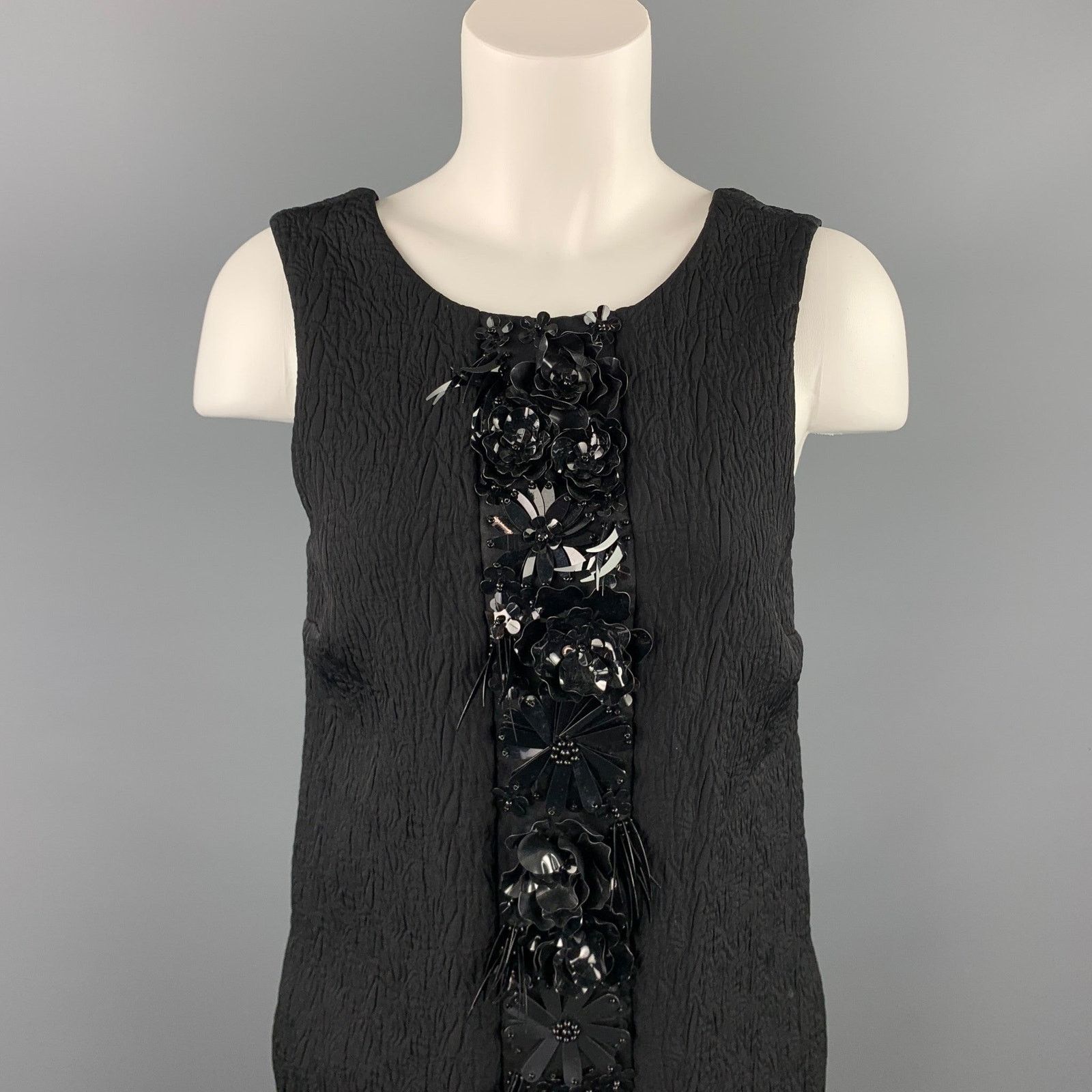 Size 6 Black Jacquard Embellished Viscose Blend Shift Dress
