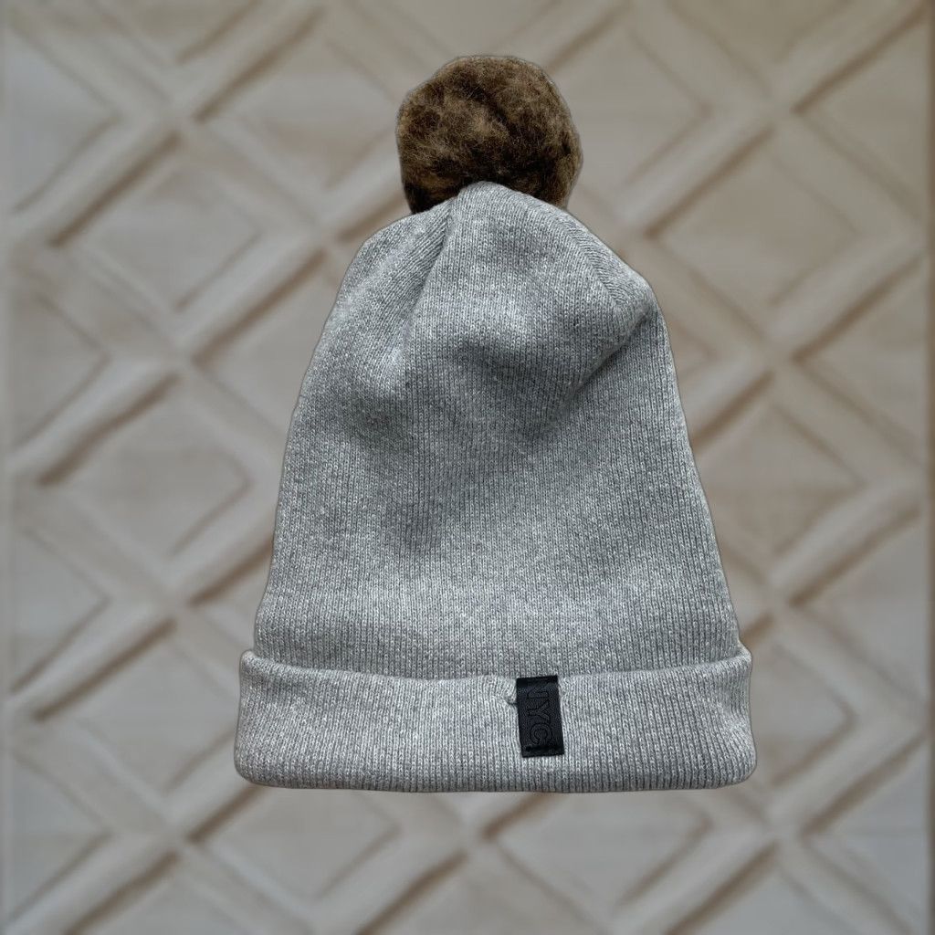 Vintage NYC Beanie One Size Gray with Brown Poof Top - Adult Unisex Knit Hat Size US M / EU 48-50 / 2 - 1 Thumbnail