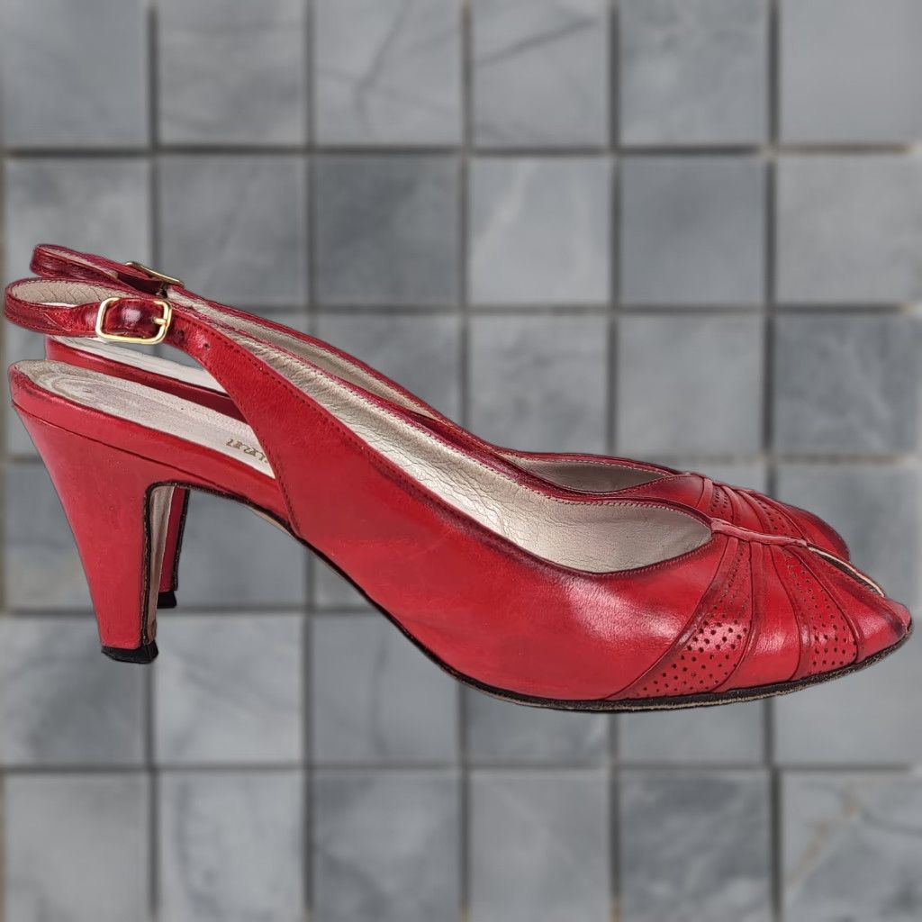Vintage VINTAGE 80s Italian Leather Slingback 'Fascination' Heels Stacked Heel US 6 B Red Women/Girls Cocktail Size US 6 / IT 36 - 1 Thumbnail