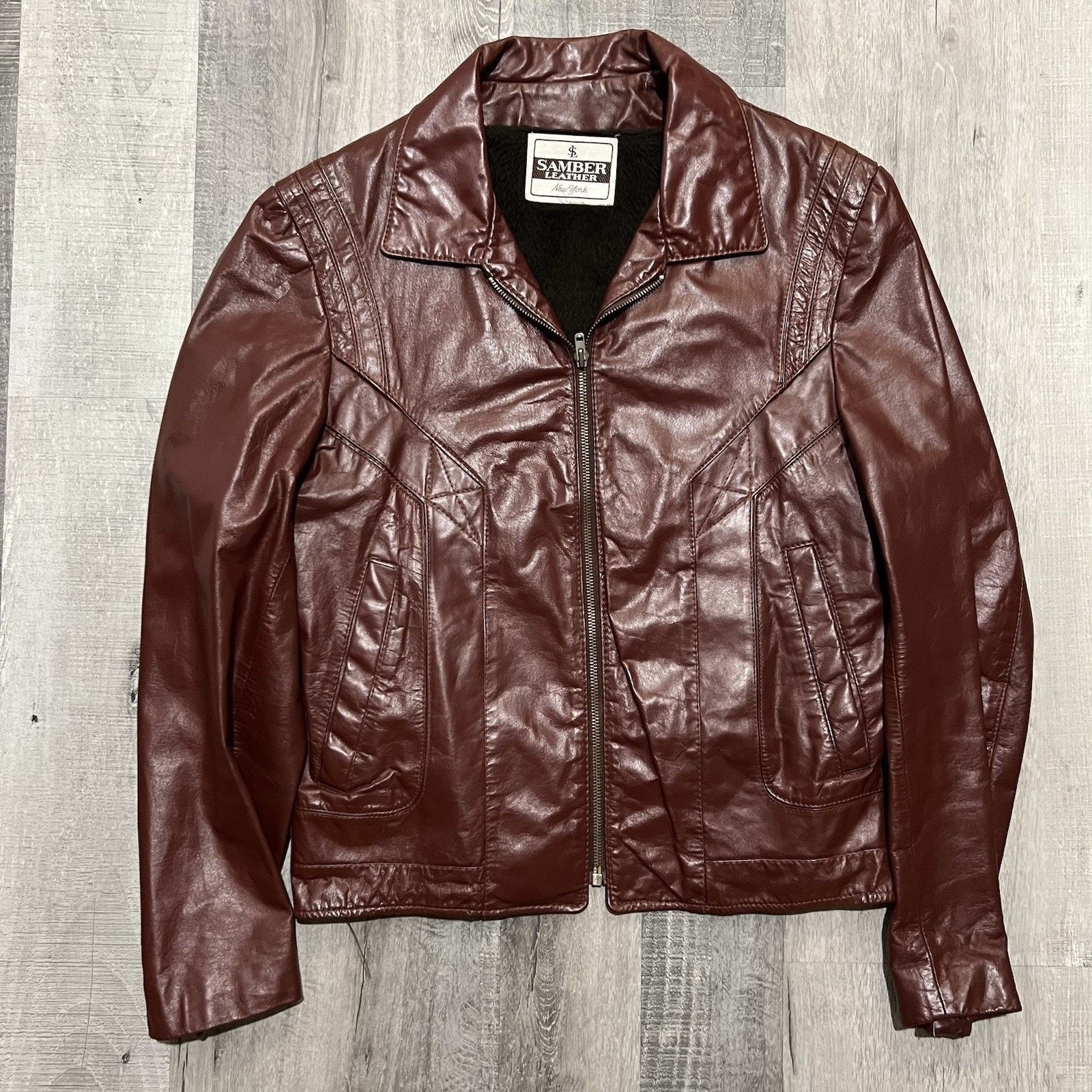 Vintage VTG 60s Samber Leather New York Fur Liner Full Zip Oxblood Size US M / EU 48-50 / 2 - 1 Thumbnail
