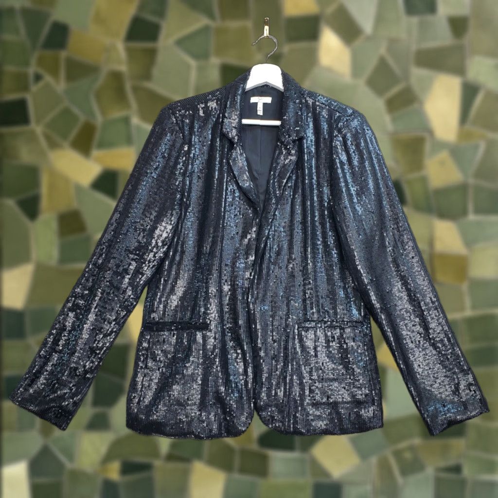 VINTAGE Joie Diandra Sequin Blazer Jacket Women's 8 Black Tuxedo Modern Cocktail Dressy