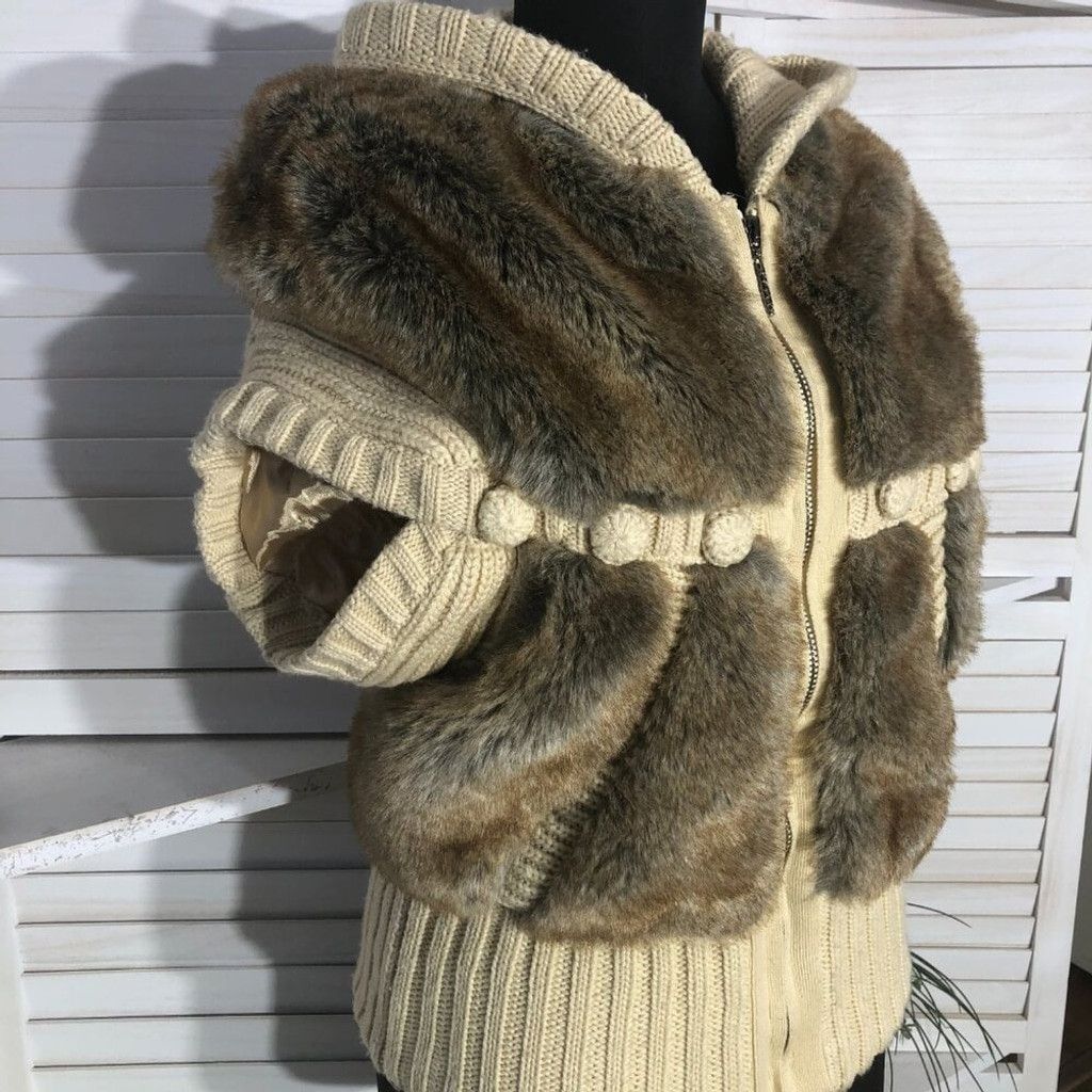 Vintage 90s Y2K Faux Fur vest wool brown beige cable knit w/ hood S Size S / US 4 / IT 40 - 10 Thumbnail