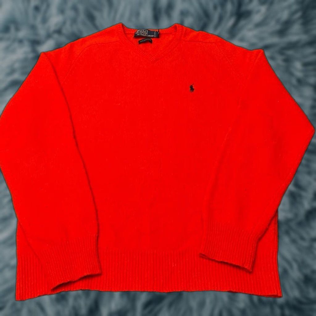 Polo Ralph Lauren VINTAGE Polo Ralph Lauren Sweater Mens M V-Neck Wool Pullover Orange Red 90s Classic Preppy Logo Knit Size US M / EU 48-50 / 2 - 1 Thumbnail