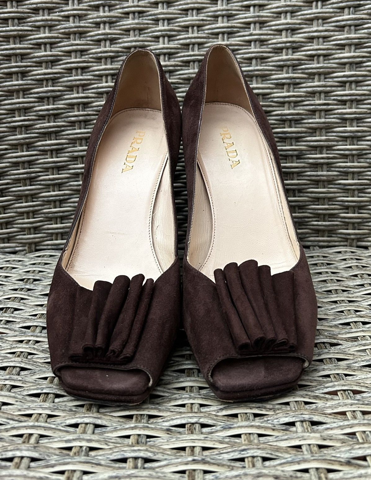 Prada × Vintage 00’s Prada Suede Ruffle Embellishment Square Open Toe Pumps Size US 8 / IT 38 - 2 Thumbnail