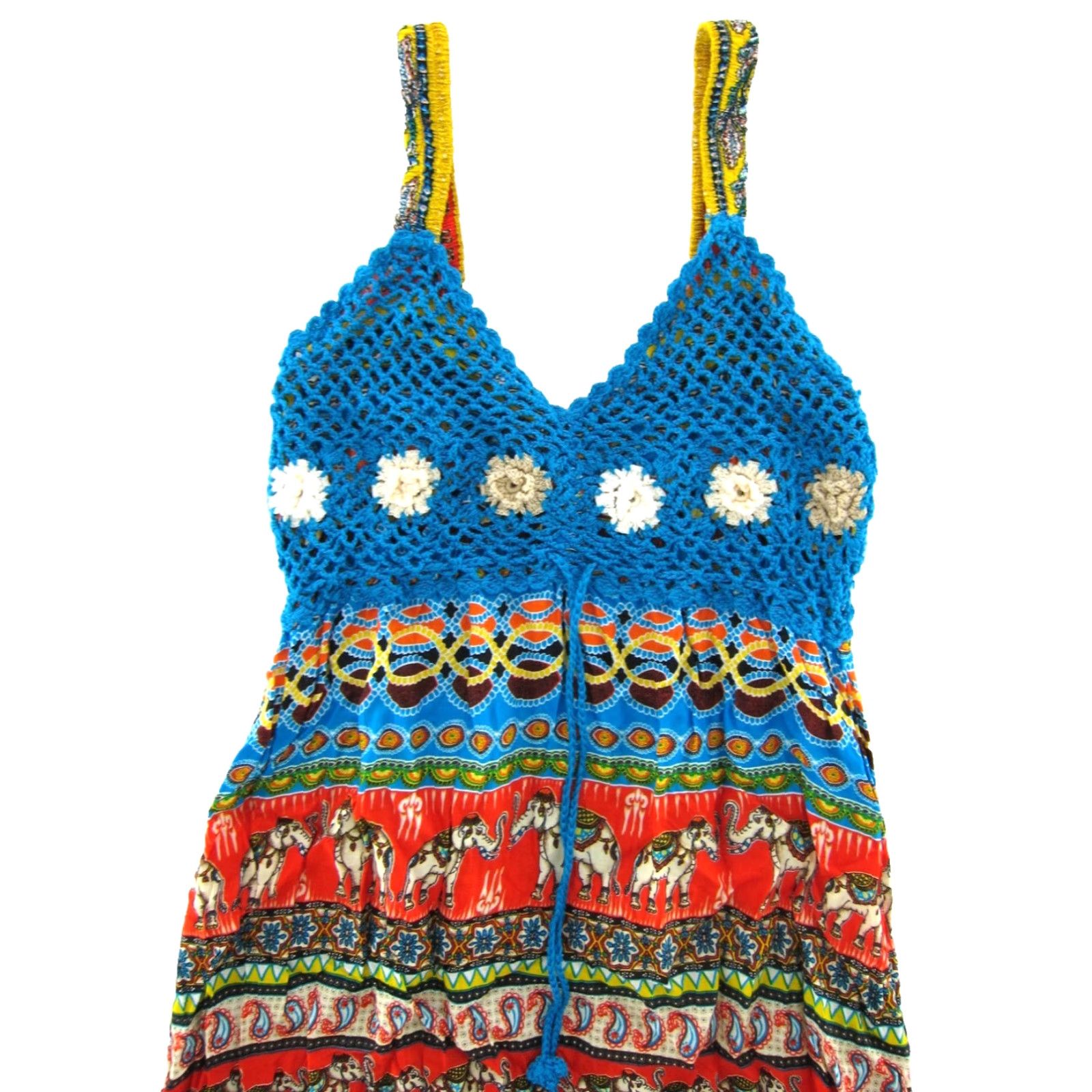 Vintage Elephant Floral Rayon Sun Dress Maxi Long Crochet Knit Tank Blue Red Yellow S-M Size S / US 4 / IT 40 - 3 Thumbnail