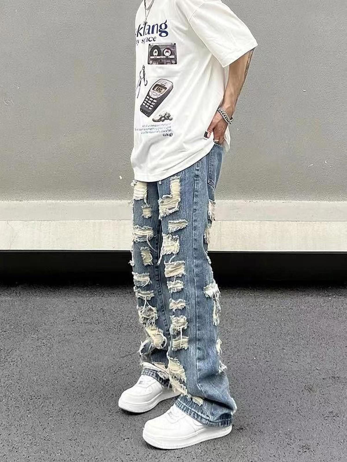 Jean × Vintage Distressed Mesh Embroidery Wide Leg Denim Jeans Size US 30 / EU 46 - 5 Thumbnail