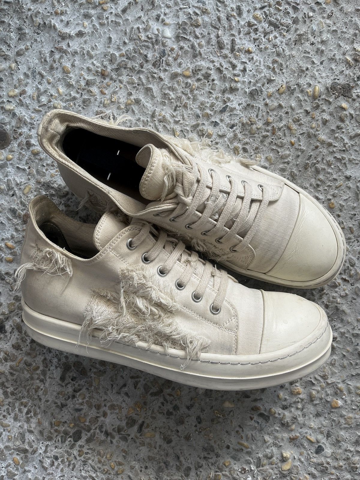 Rick Owens DRKSHDW Distressed Low-Top Denim Sneakers – Off-White Size US 6 / EU 39 - 1 Thumbnail