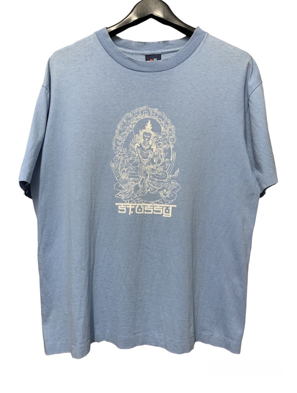 image of Hook Ups x Stussy Vintage 90's Stussy Buddha Statue Art Streetwear Skate Tee in Blue (Size Medium)