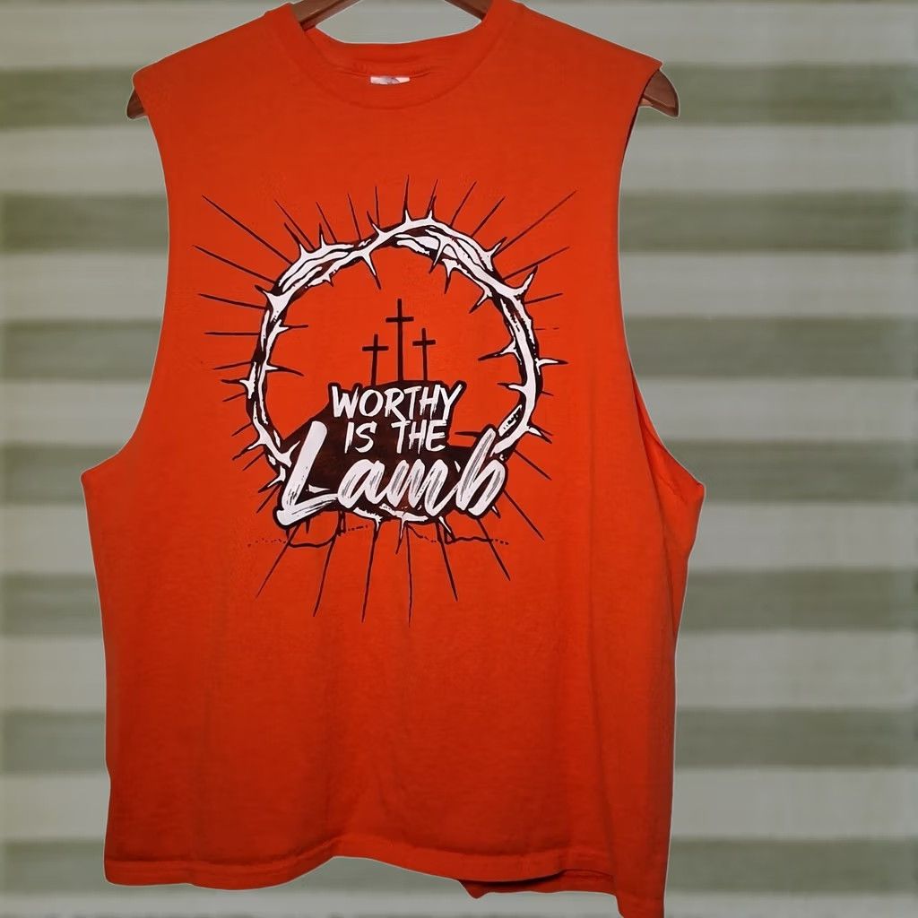 Vintage Worthy Is The Lamb Cutoff Muscle T Shirt M Christian Jesus Religious Crown READ Shirt Men Orange Cotton Delta Pro Weight Size US M / EU 48-50 / 2 - 1 Thumbnail