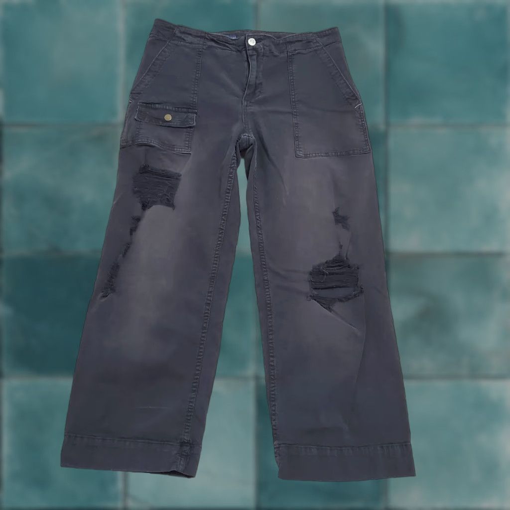 Vintage Pilcro Womens Jeans 29 Black Cargo Distressed Wide Leg Cropped Patch Pockets Size 29" - 1 Thumbnail
