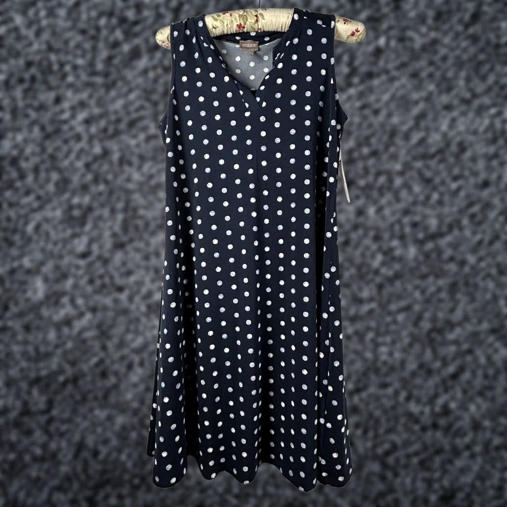 Vintage Chico's Womens Sleeveless Dress Stripe Polka Dot Blue 0 NWT Shelley Split Neck Knee Length Dress Size XS / US 0-2 / IT 36-38 - 1 Thumbnail