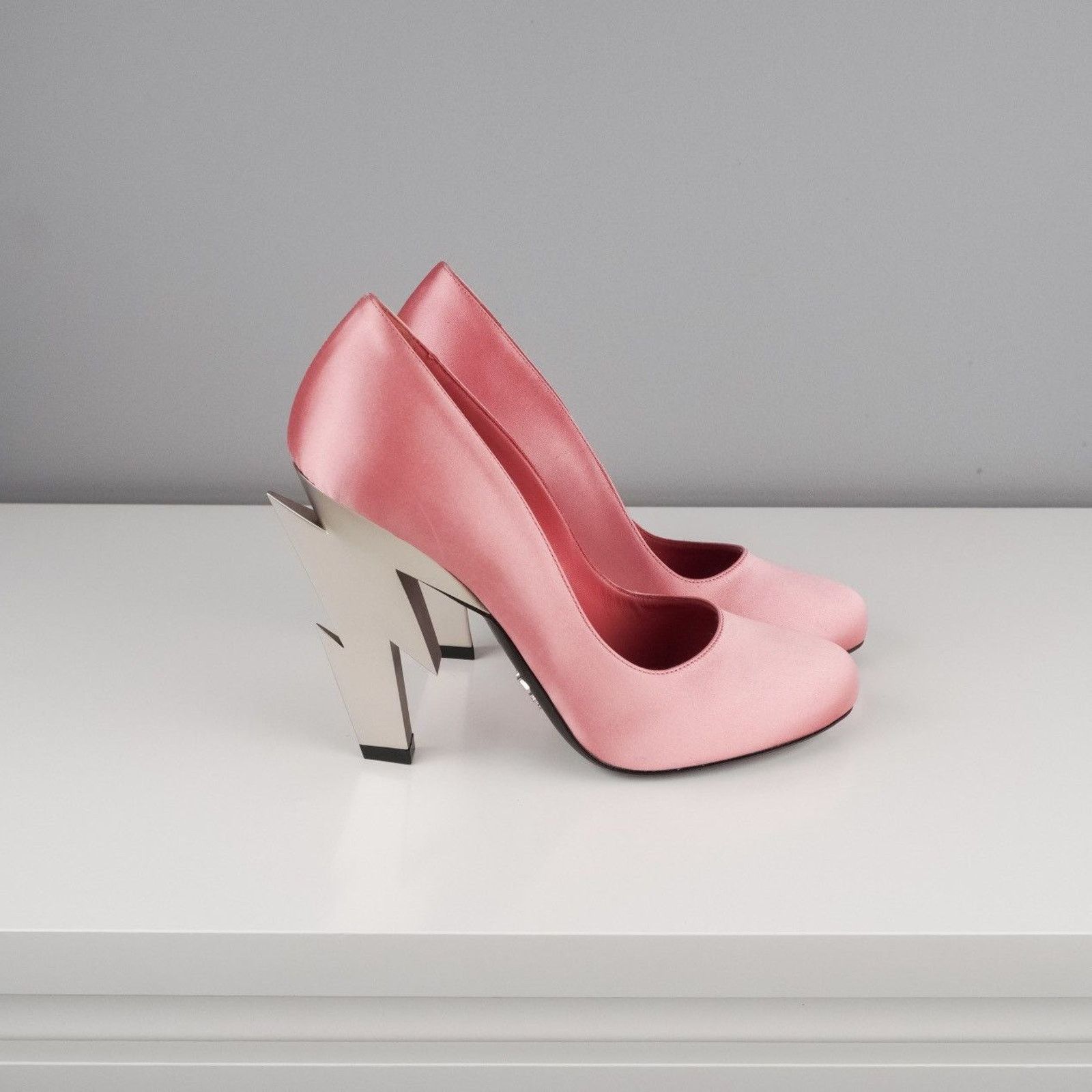 Prada Iconic prada satin pink silver logo metal bolt heels Size US 8.5 / IT 38.5 - 3 Thumbnail