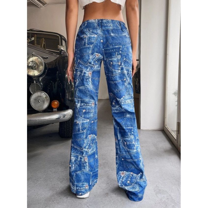 Other Shein Womens Pants Blue Jean Print Ultra Low Rise Flare Half Size 26" / US 2 / IT 38 - 9 Thumbnail