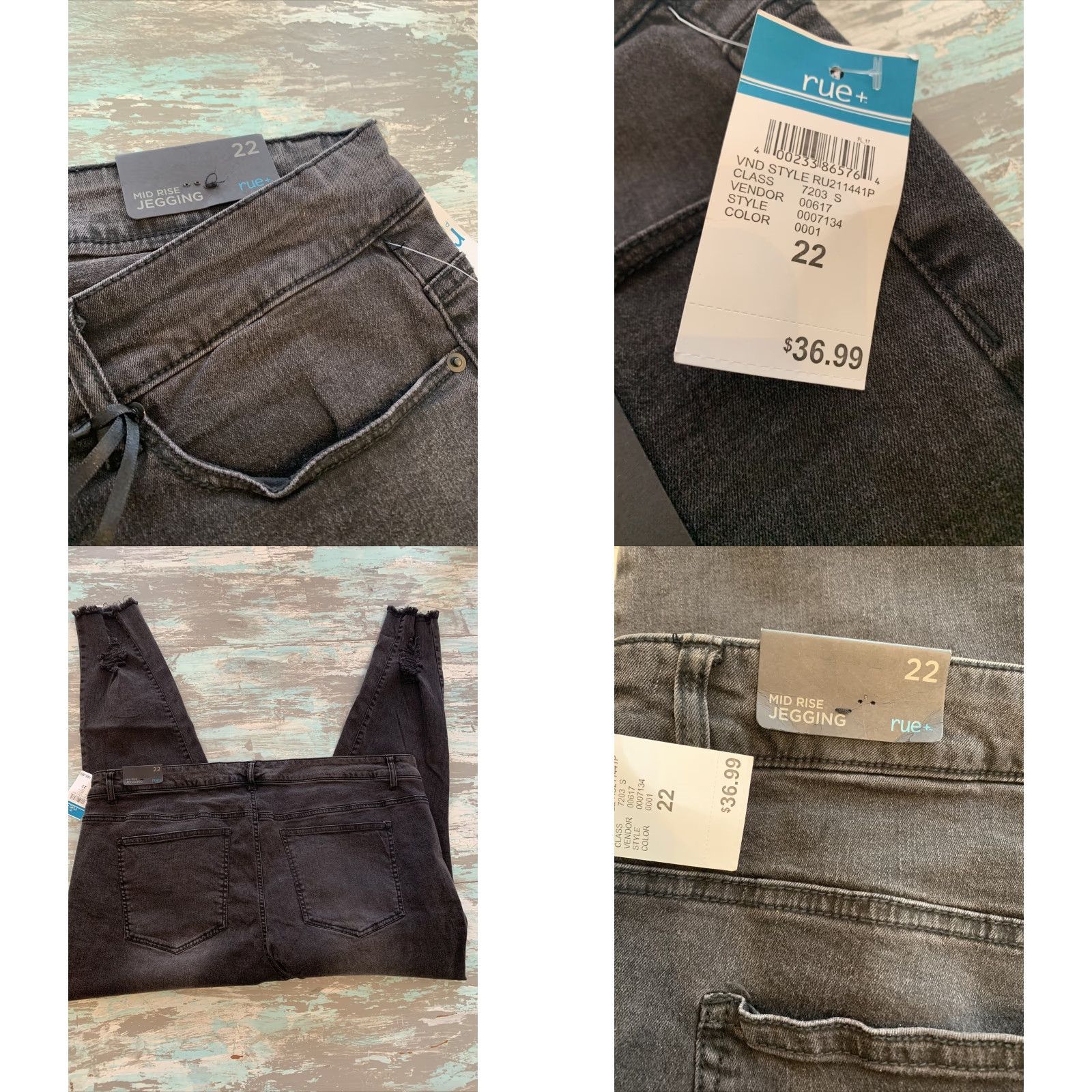 Vintage Rue+ 22W Women's Plus Size Black Distressed Mid Rise Jeggings New Stretch Frayed Size 40" / US 18 - 8 Thumbnail