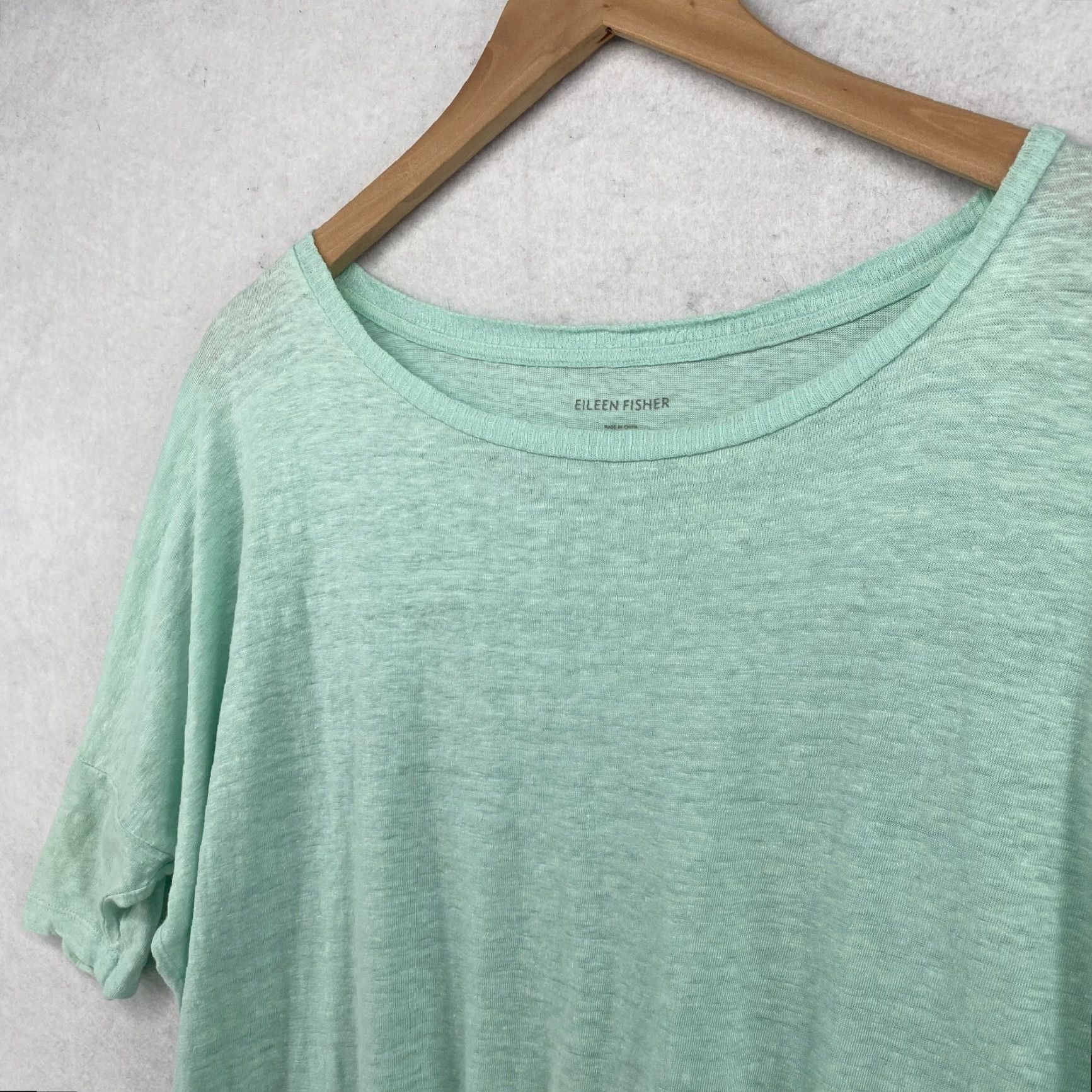 EILEEN FISHER Tunic 2XS Organic Linen Slub Jersey Oversized Dolman Sleeve Green Shirt Women 2XS Tunic Bohemian Retro Style