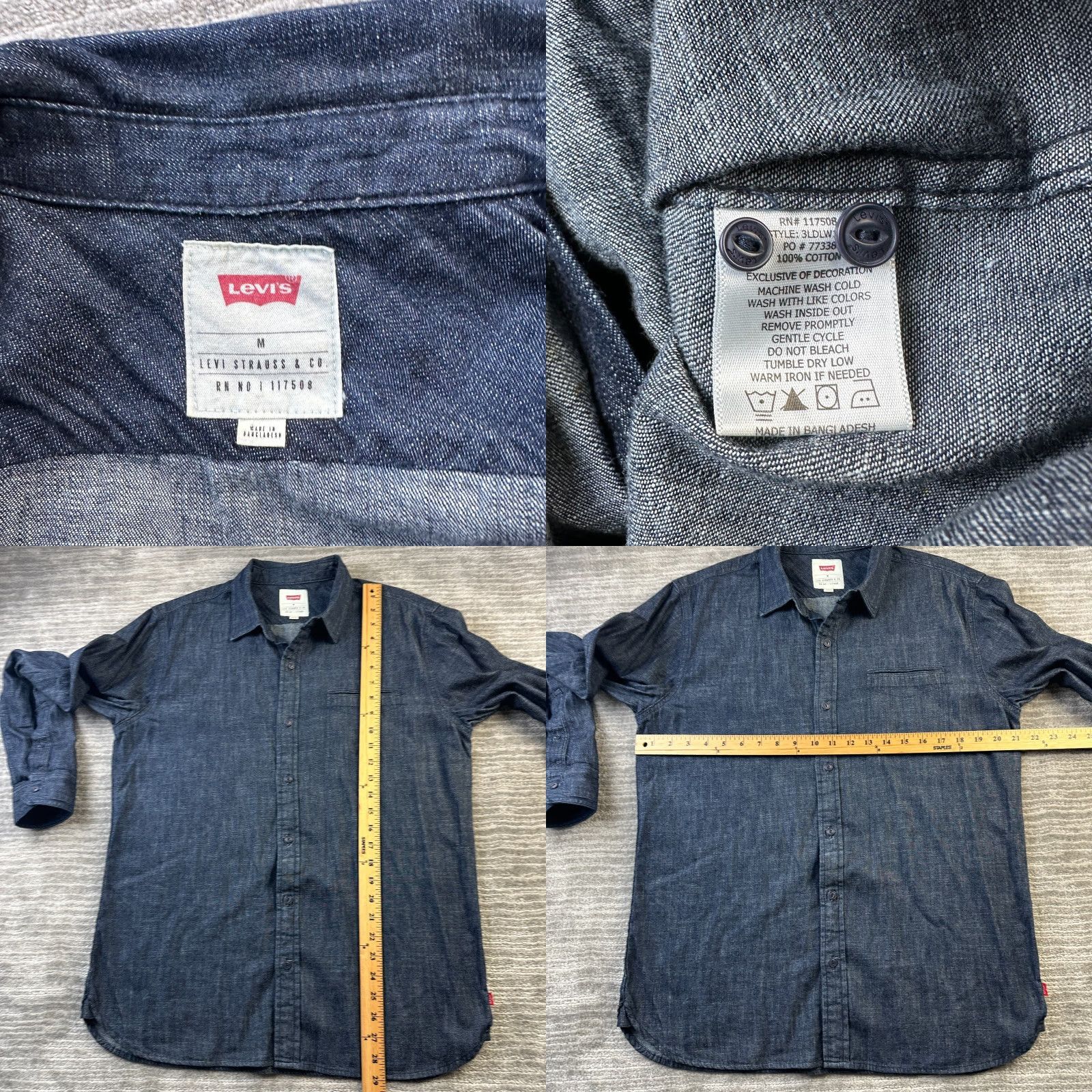Levi's Levis Jean Shirt Mens Medium Blue Denim Dark Indigo Pocket Long Sleeve Button-Up Collared Casual Workwear Regular Fit Classic Colorful Preppy Size US M / EU 48-50 / 2 - 8 Thumbnail