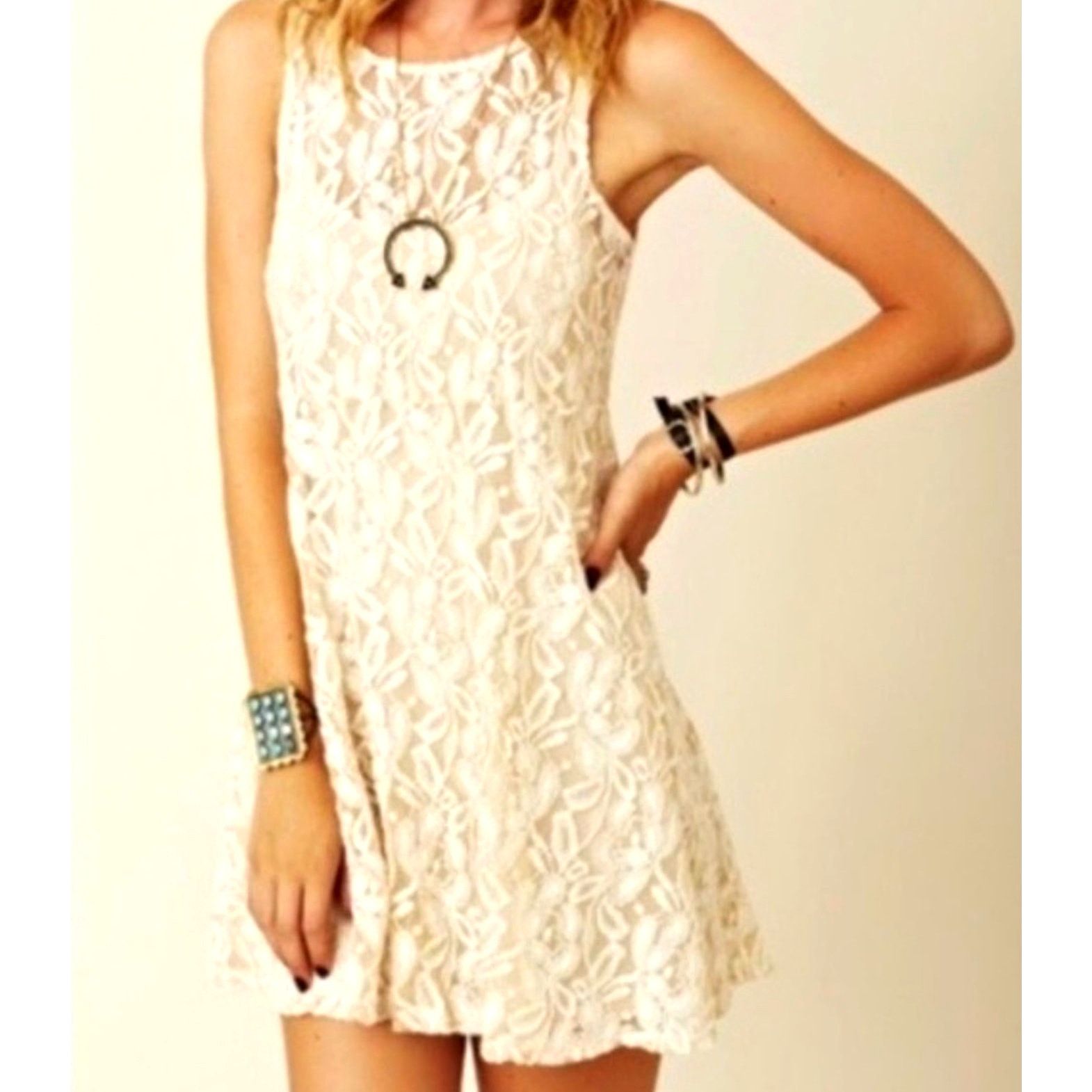 Free People Free People Lace Sleeveless Mini Dress Beige M Size M / US 6-8 / IT 42-44 - 3 Thumbnail