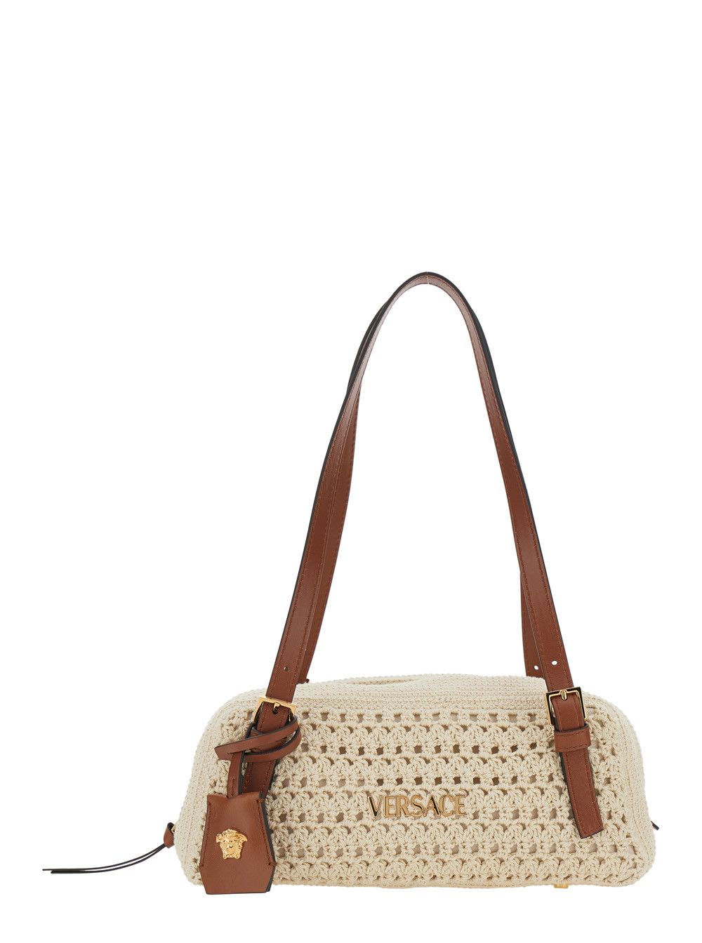 Versace Beige Shoulder Bag 'Tag Bowling' with Metallic Lettering Logo and Raffia Medusa Head Pendant for Women Size ONE SIZE - 1 Thumbnail