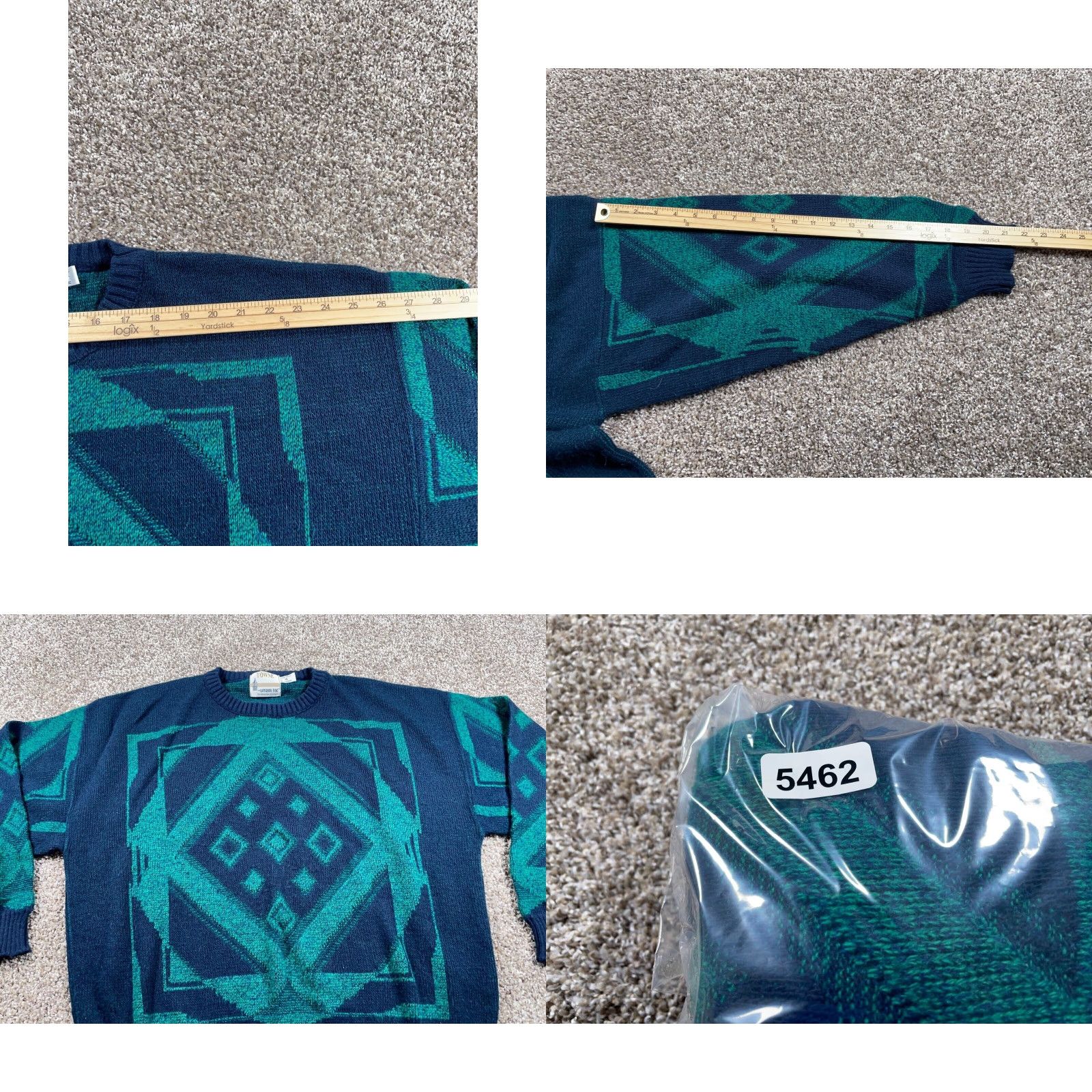 London Fog VINTAGE 90s Geometric Pattern London Fog Sweater Big 1X Dark Blue Green Lightweight Knit Mens Pullover Crew Neck Long Sleeve Casual Knitwear Size US XL / EU 56 / 4 - 8 Thumbnail